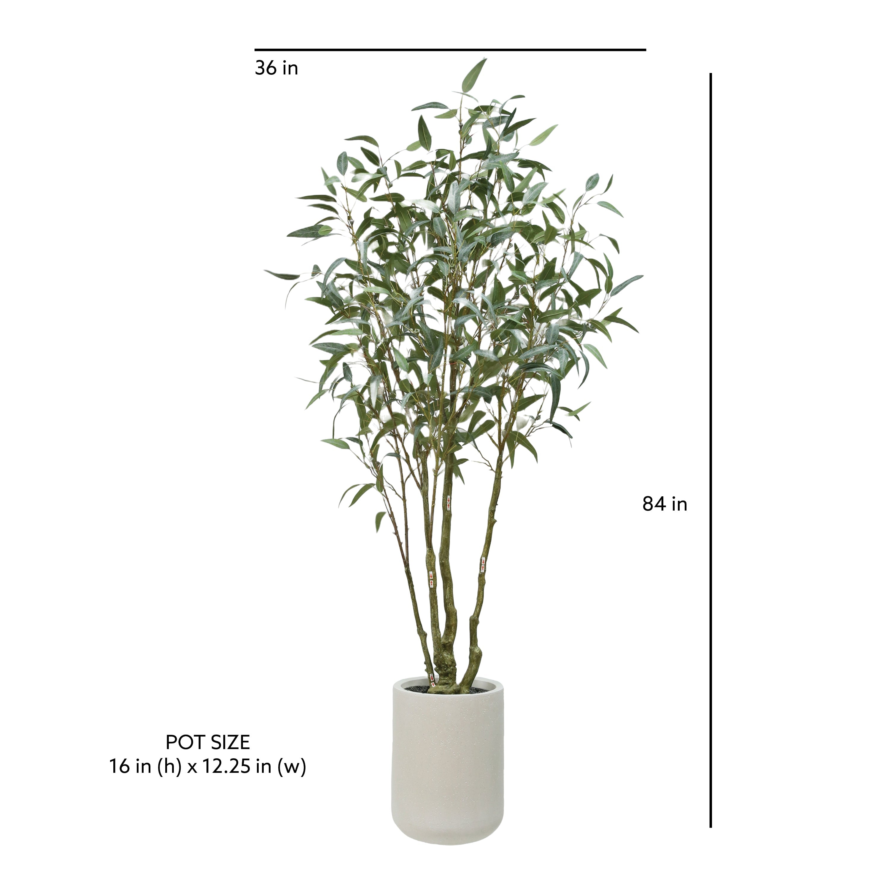 CG Hunter Artificial Willow Eucalyptus Tree 7' showcased dimensions for the tree and planter