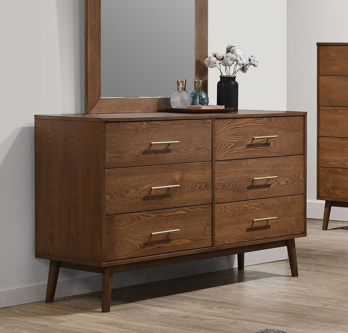 Walnut Dresser with Nickle Bar Pullsand Round Tapered Legs