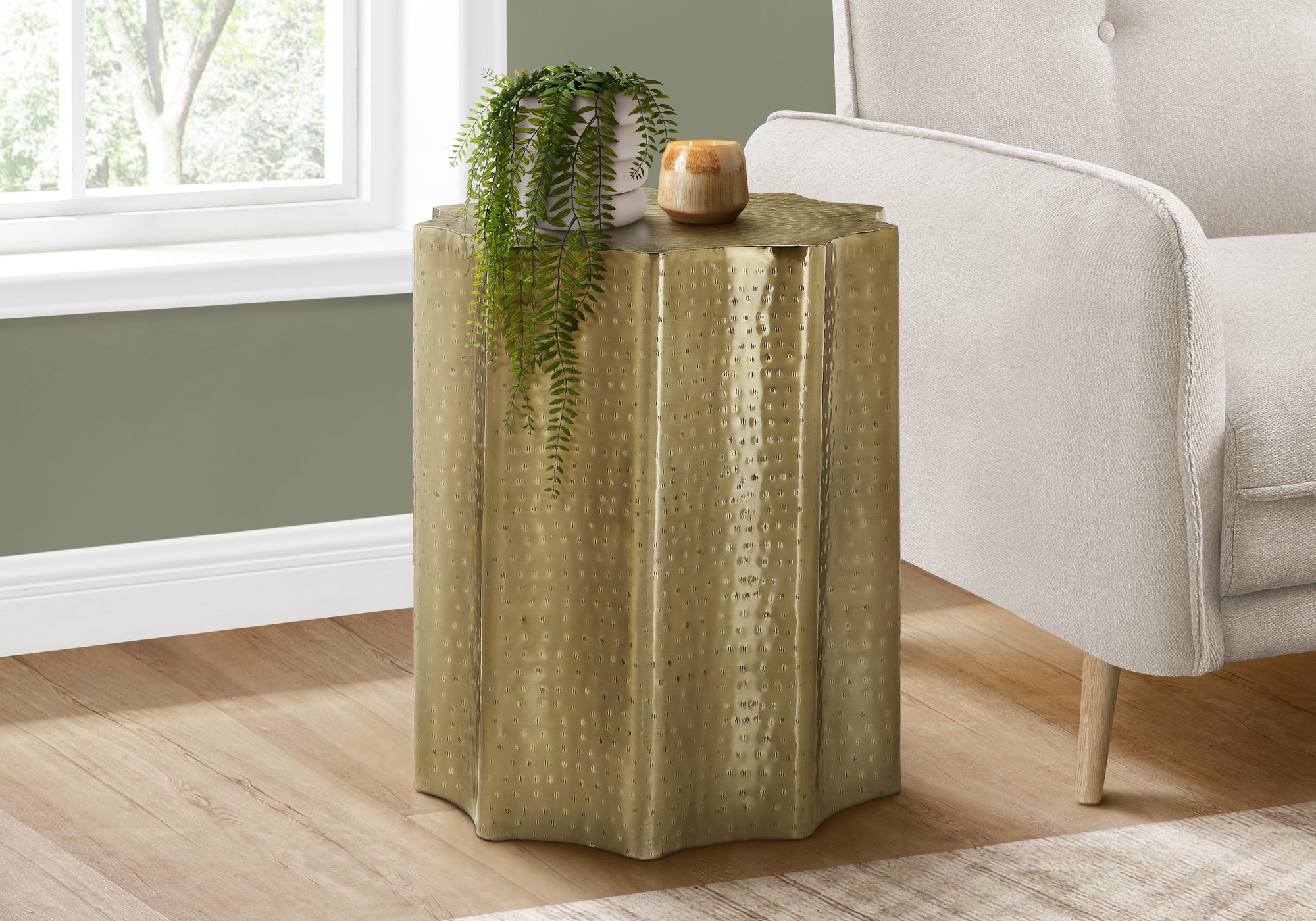 Artifact End Table with Scalloped Design and Hammered Texture