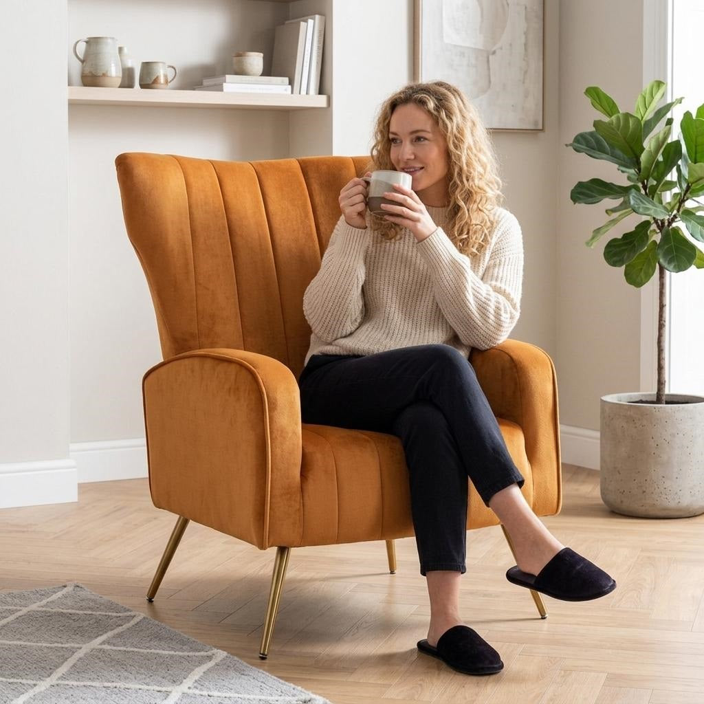 Velvet Accent Chair with Metal Legs, Modern Upholstered Armchair, Wingback Side Chair for Living Room Bedroom Small Spaces