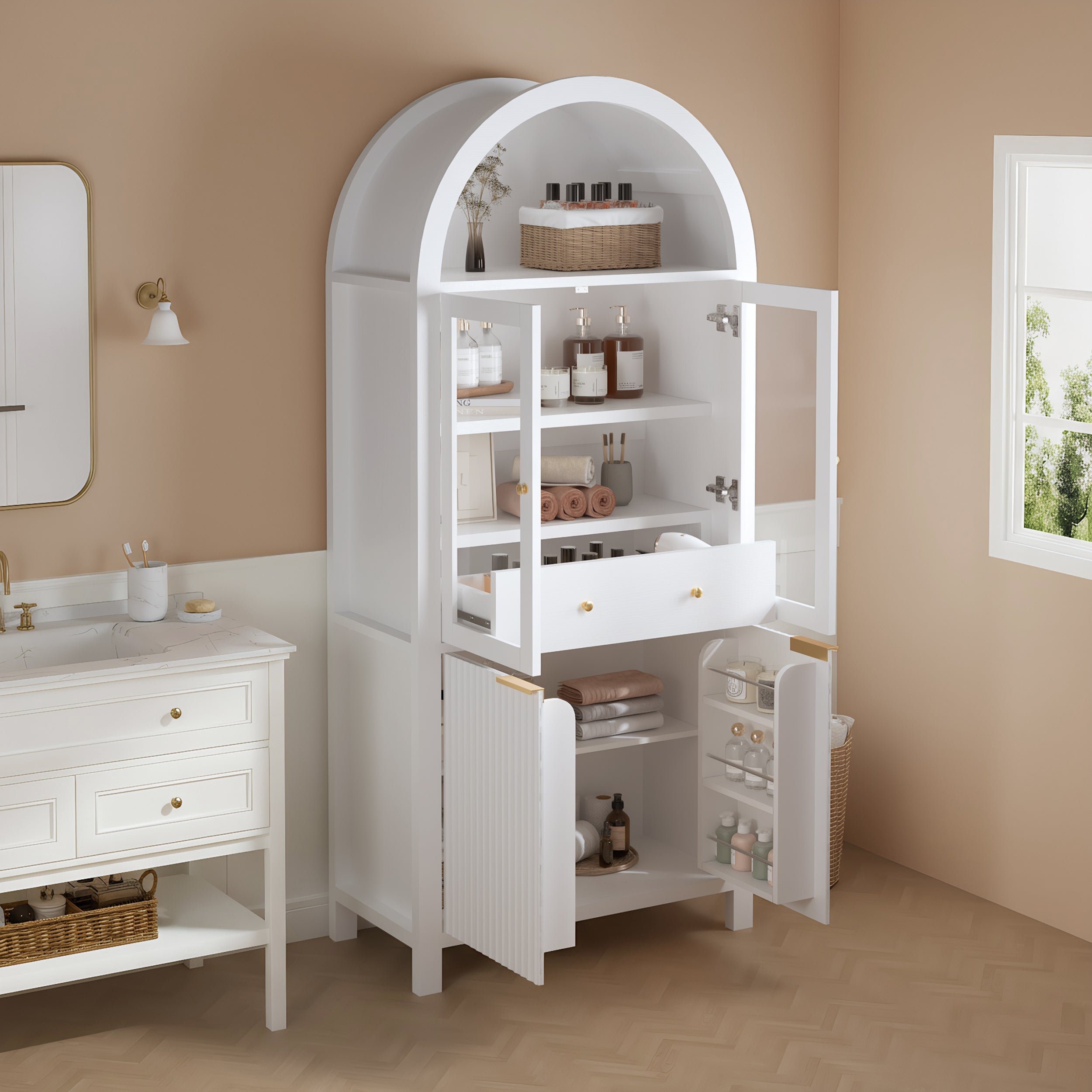 Fluted Arched Storage Cabinet with Adjustable Shelves
