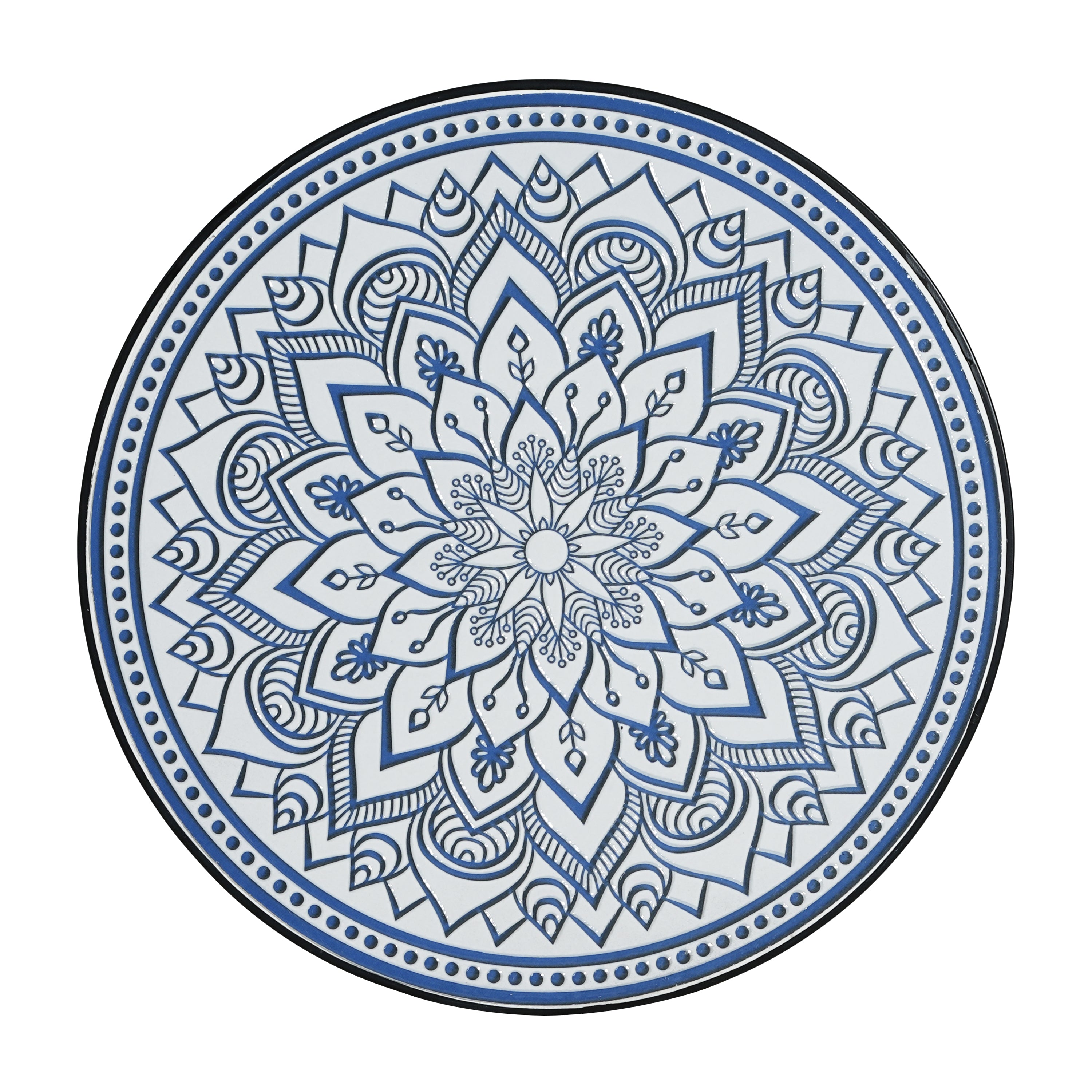 Outdoor Round Side Table with Mosaic-Style Top and Curved Iron Legs, Blue and Matte Black
