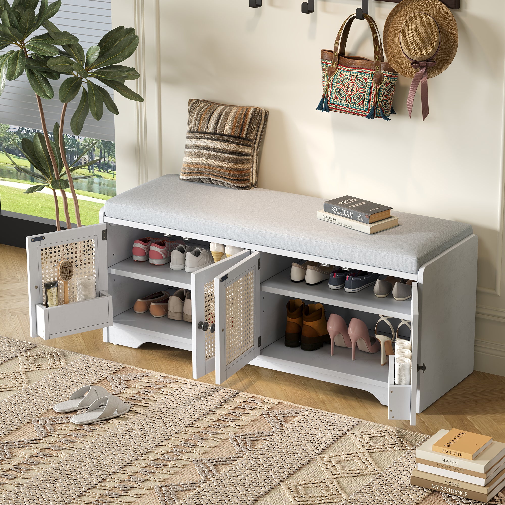 Storage Bench with Rattan Doors