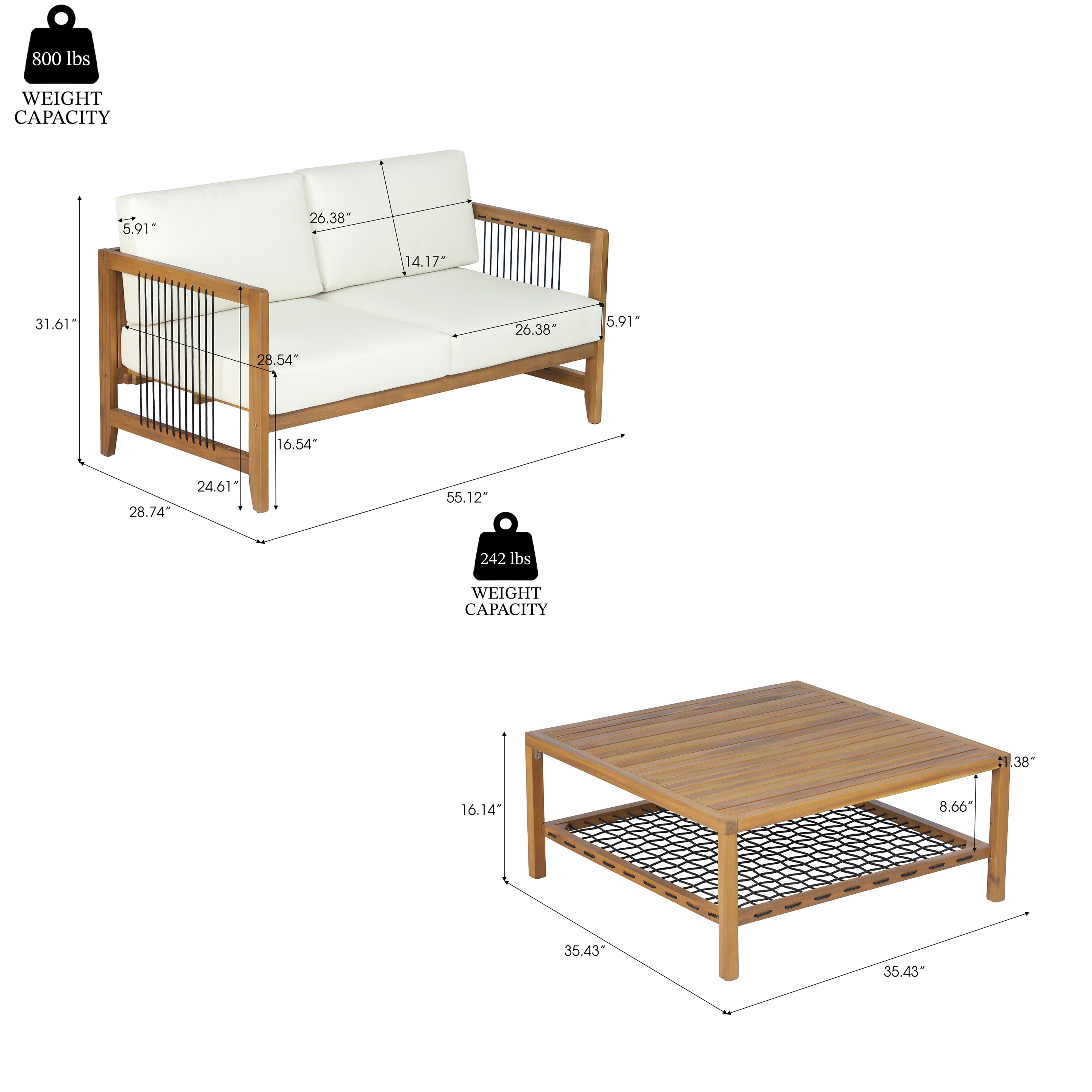 Sierra 2-Piece Acacia Wood Outdoor Loveseat with Coffee Table with Handwoven Rope & Cushions