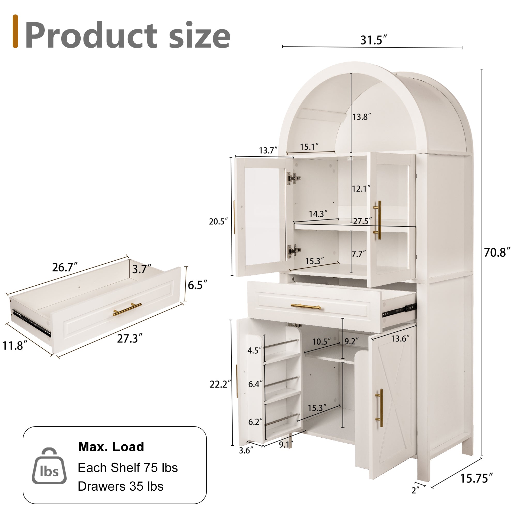 Farmhouse Arched Strage Cabinet with Glass Doors