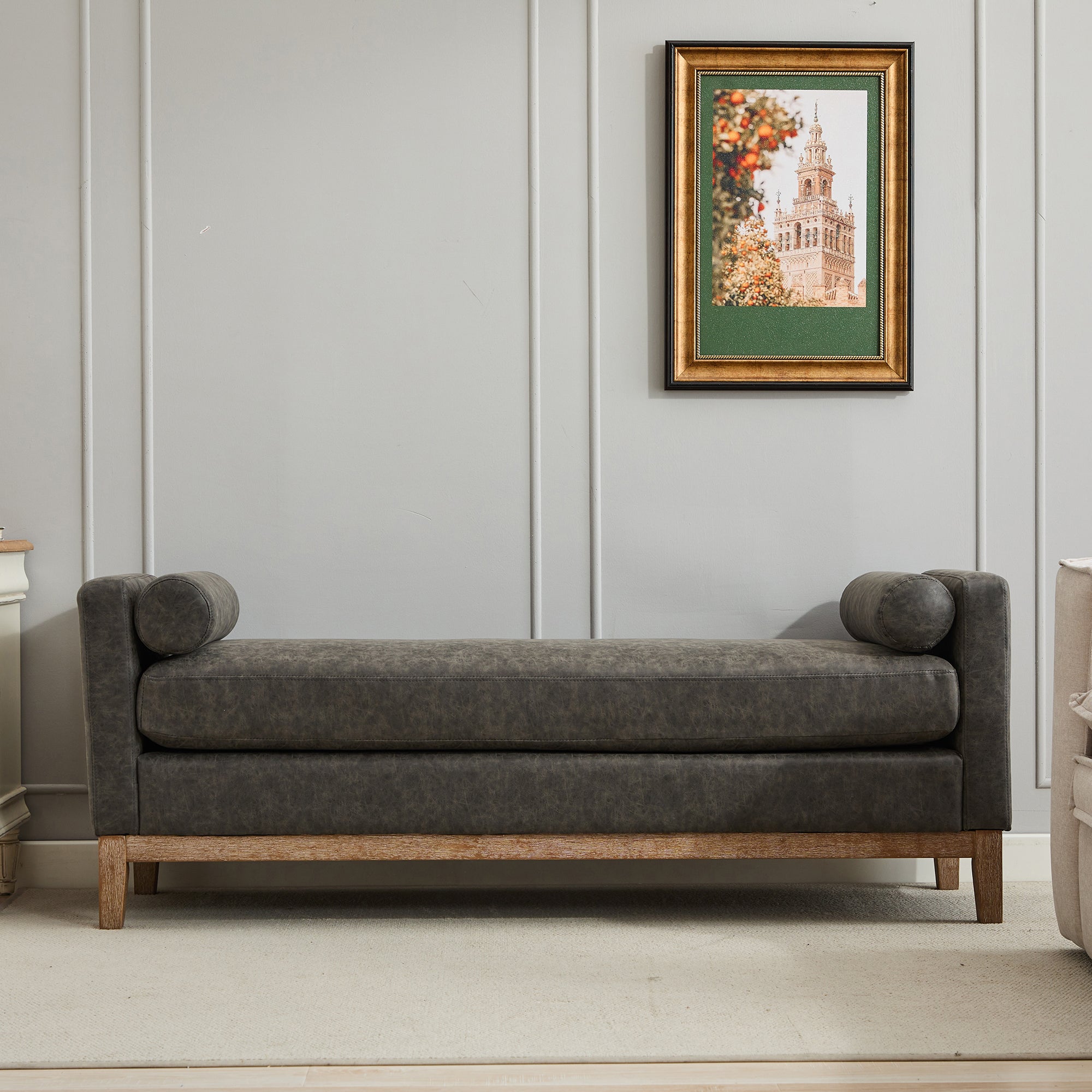 Upholstered Bench with Wood Legs and Two Bolster Pillows