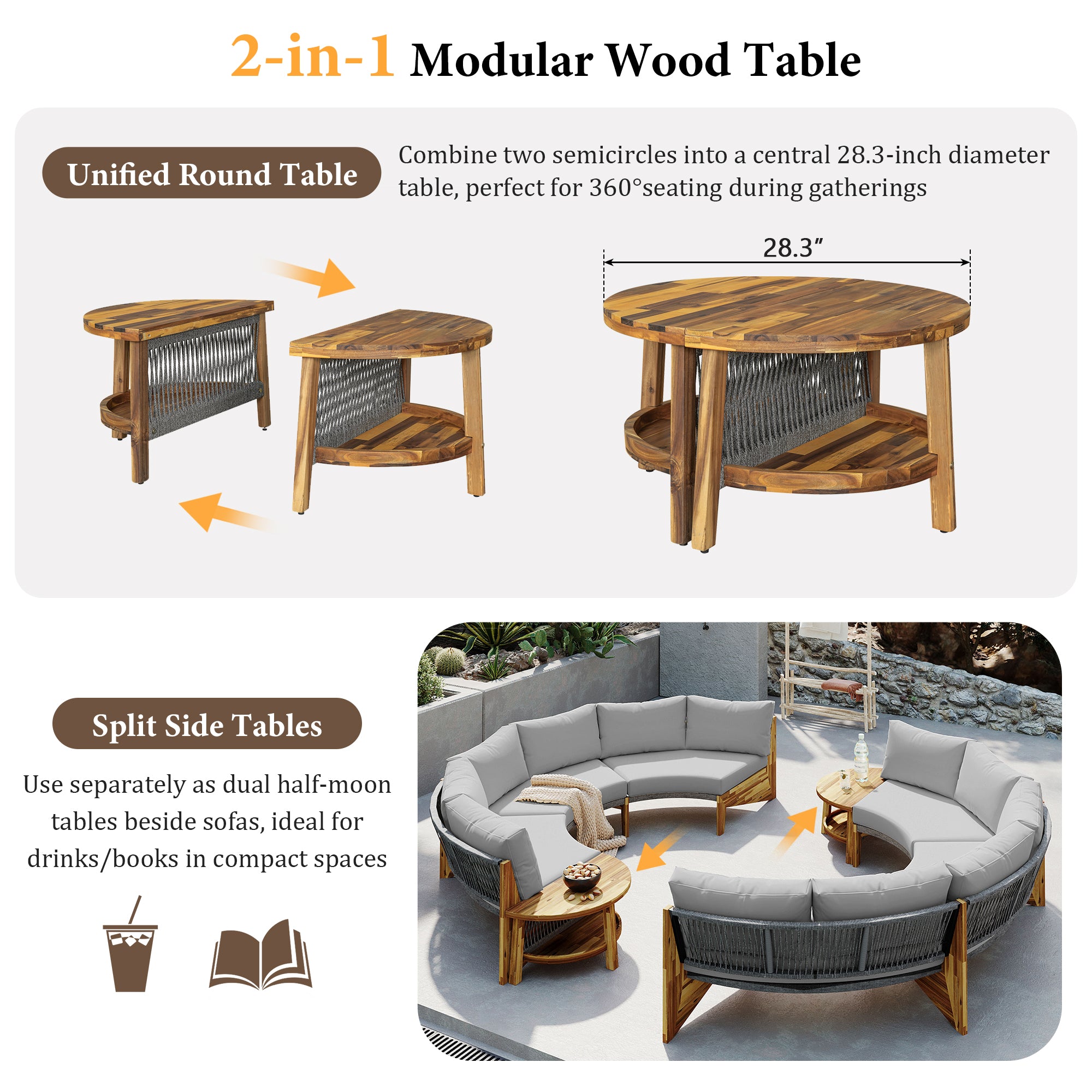 U_Style 3-Piece Outdoor Sofa Set for 6, 2 Semi-Circle Sofas + Acacia Wood Coffee Table, Weather-Resistant Patio Couch Set, Comfortable Garden & Backyard Furniture(old sku:WY000428AAA)
