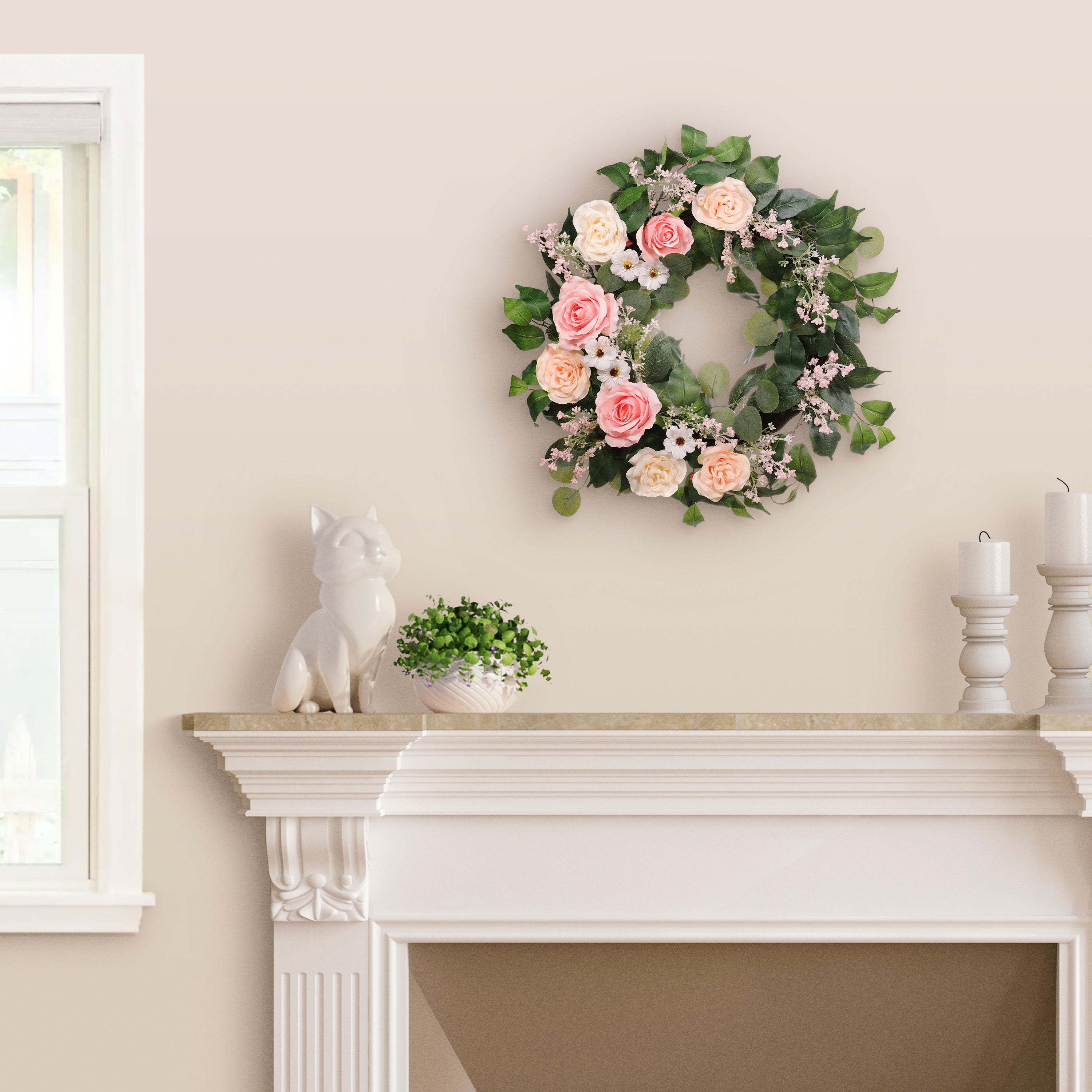 24" Artificial Rose,Camellia,Babysbreath Floral Spring Wreath With Green Leaves