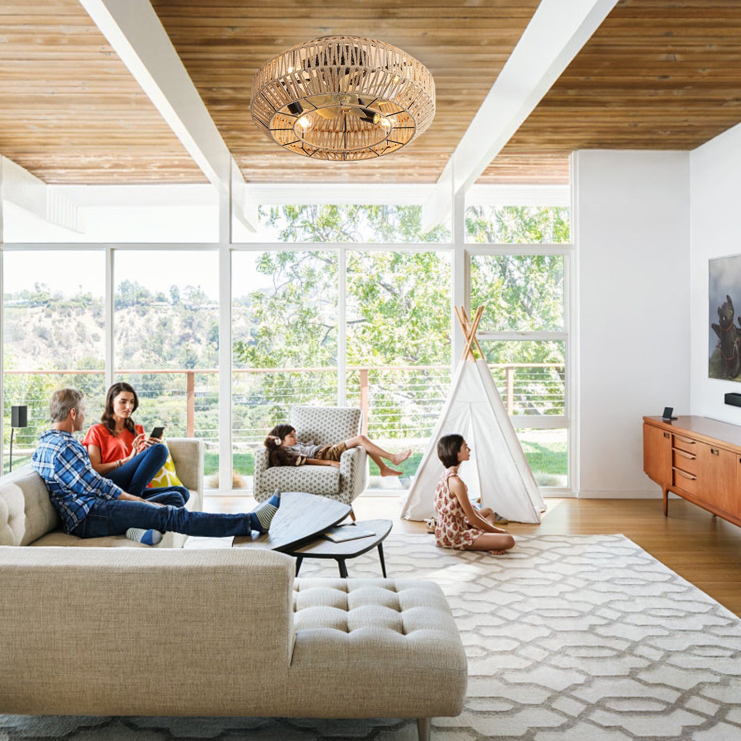 22" Ceiling Fan Light with Enclosed Rattan and 6 Speeds Option