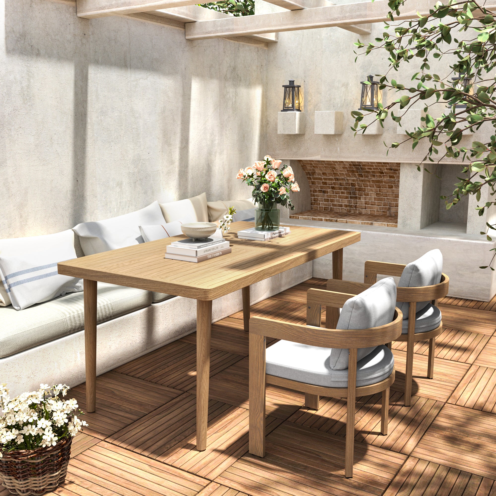 Magnesite 3-Piece Outdoor Dining Set with 2 Curved Chairs and Wood Table