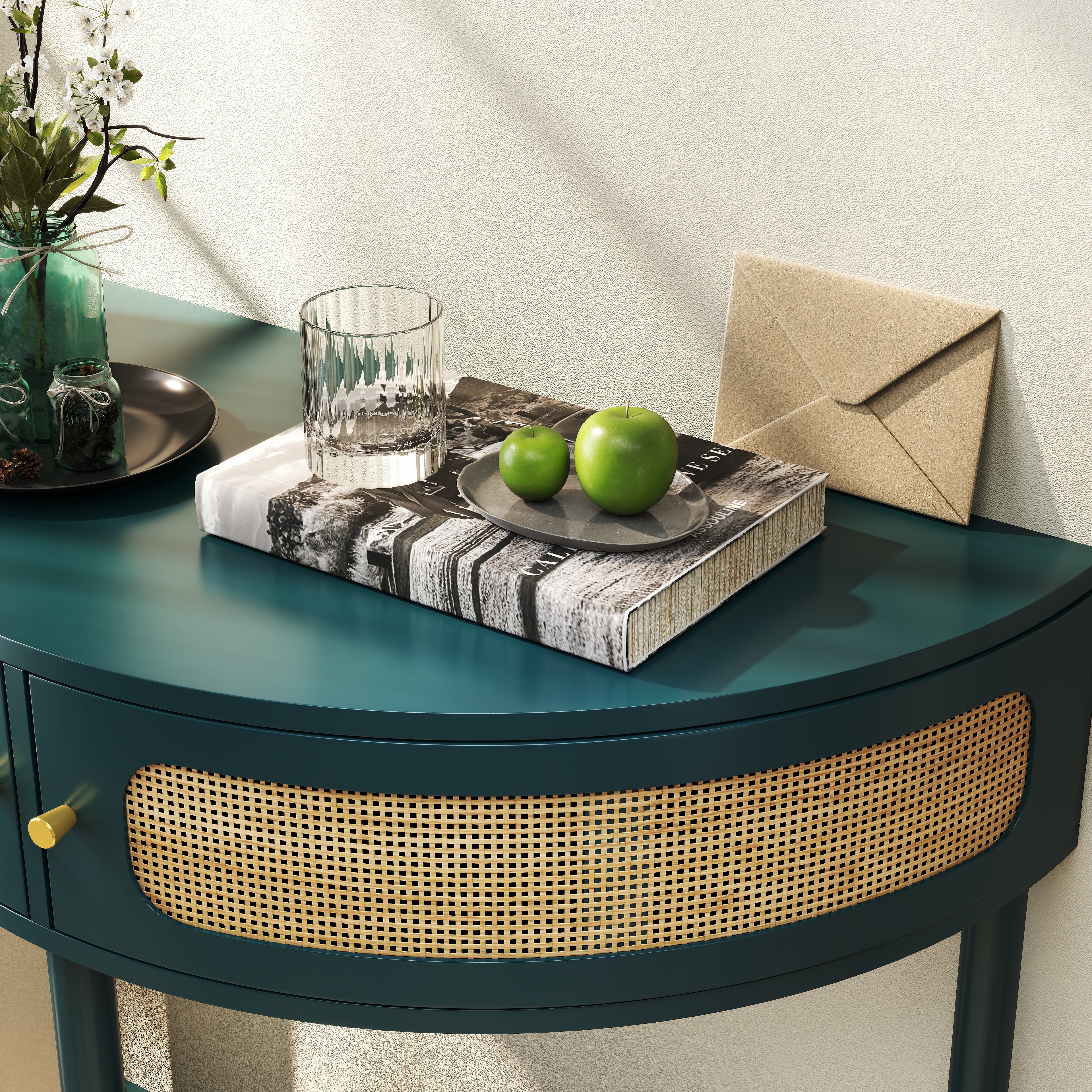 Boho Rattan Semi Circle End Table with Sliding Door
