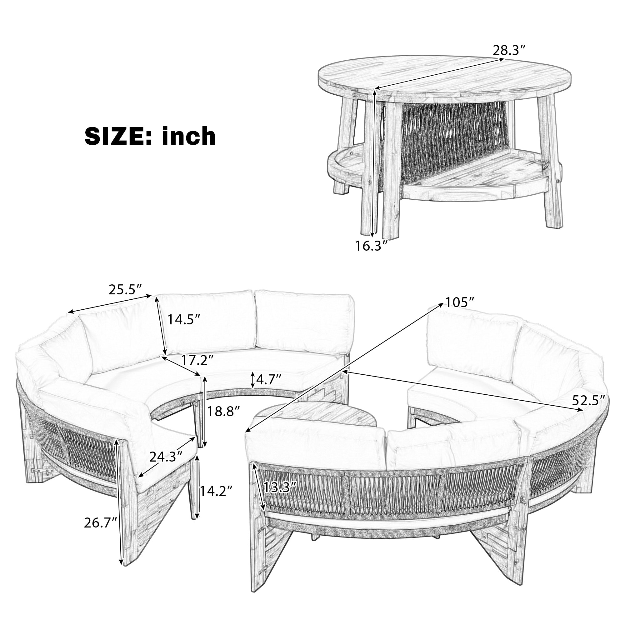 U_Style 3-Piece Outdoor Sofa Set for 6, 2 Semi-Circle Sofas + Acacia Wood Coffee Table, Weather-Resistant Patio Couch Set, Comfortable Garden & Backyard Furniture(old sku:WY000428AAA)