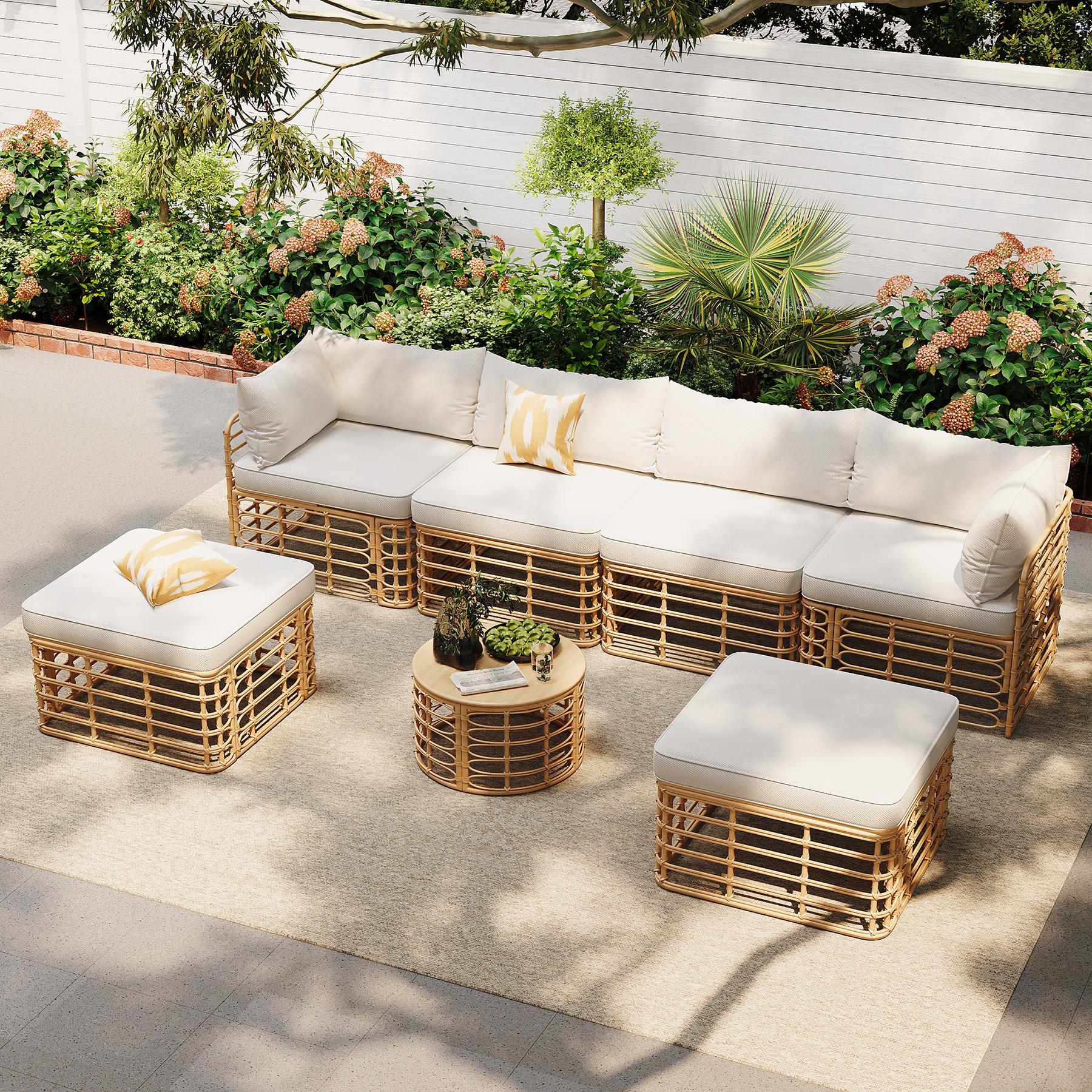 Evoking 7-Piece Outdoor Sectional Set with Hollow Woven Design and Pillows