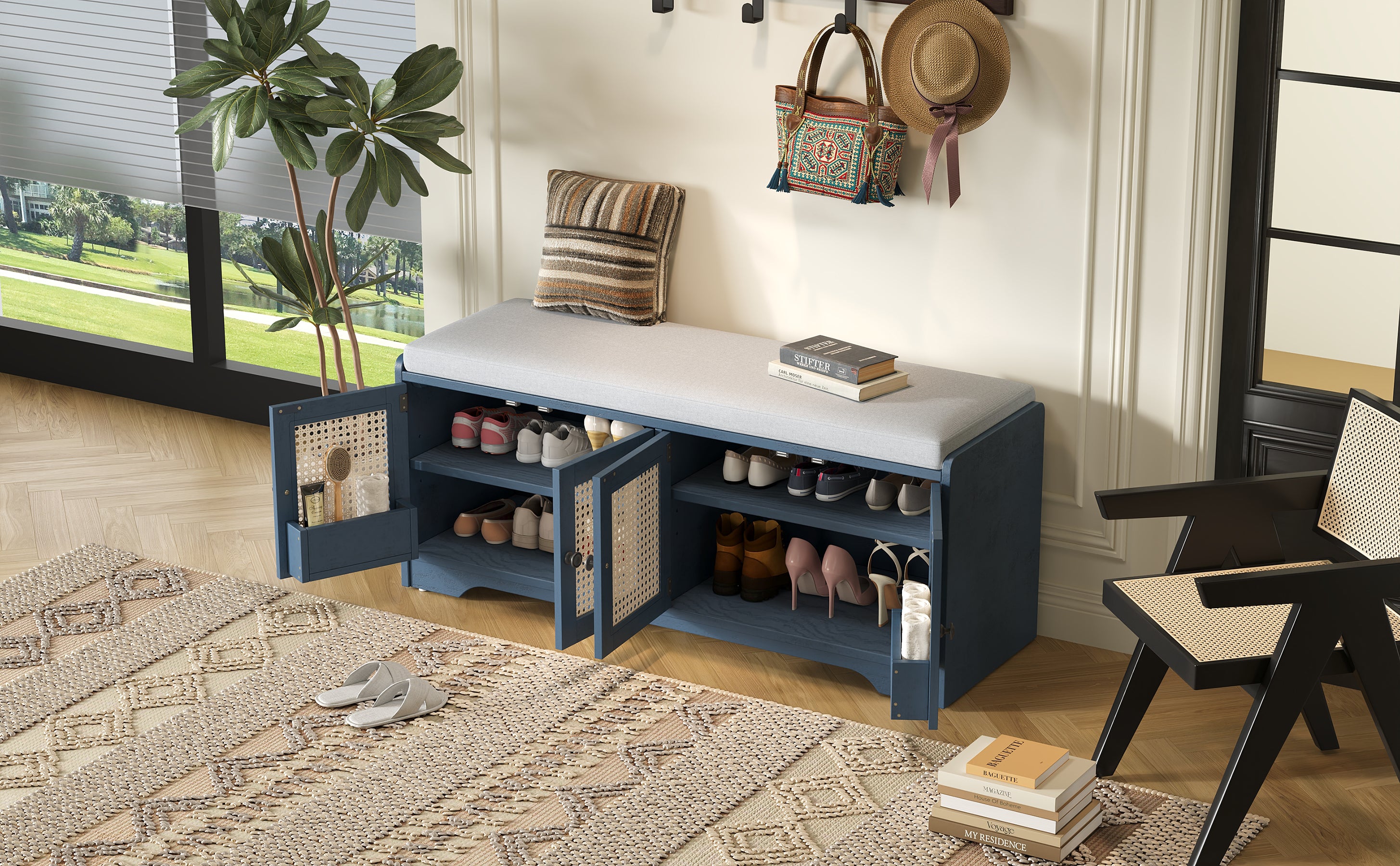 Storage Bench with Rattan Doors