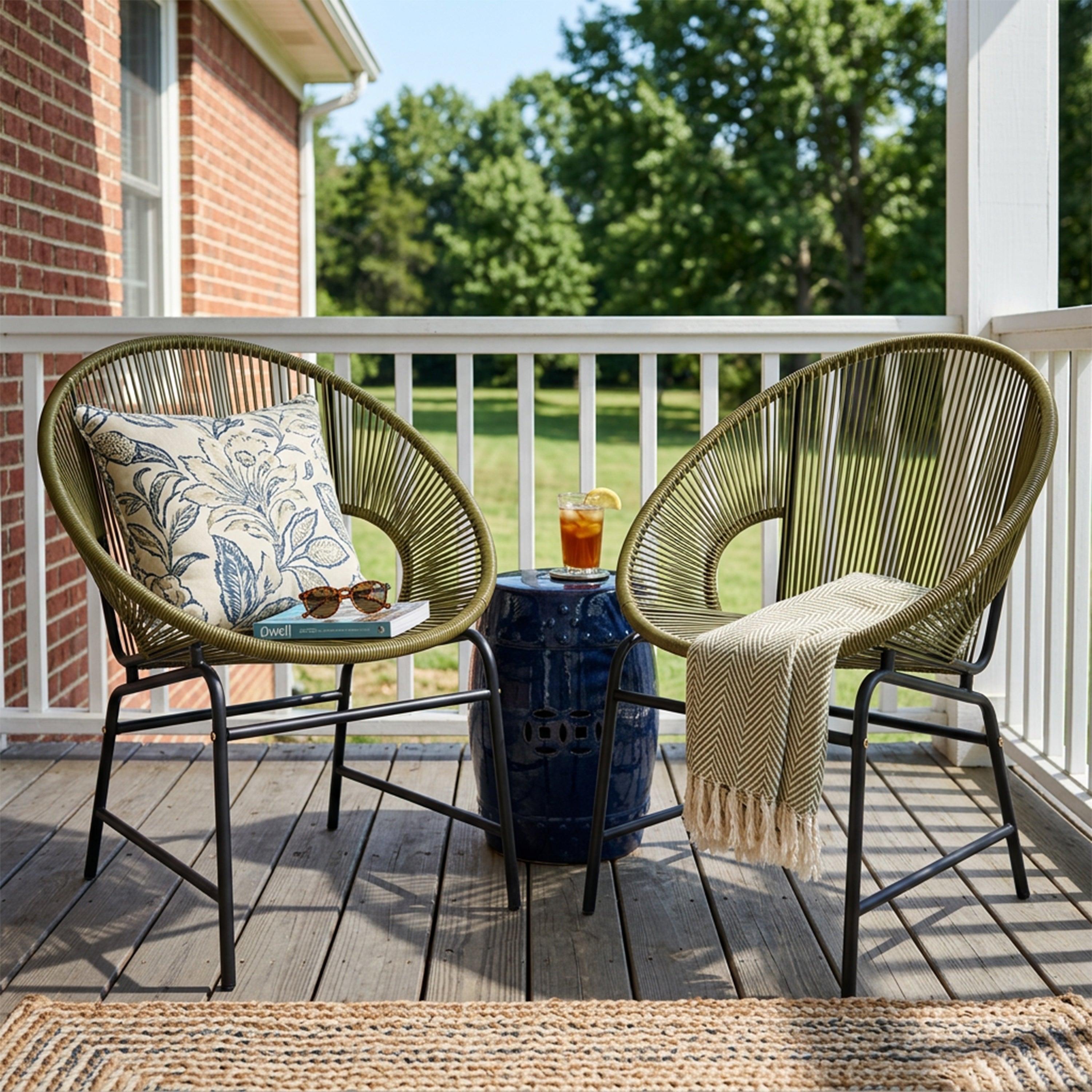 NUSA OUTDOOR PATIO WICKER CHAIR, TEAL PE RATTAN & IRON FRAME, SET OF 2