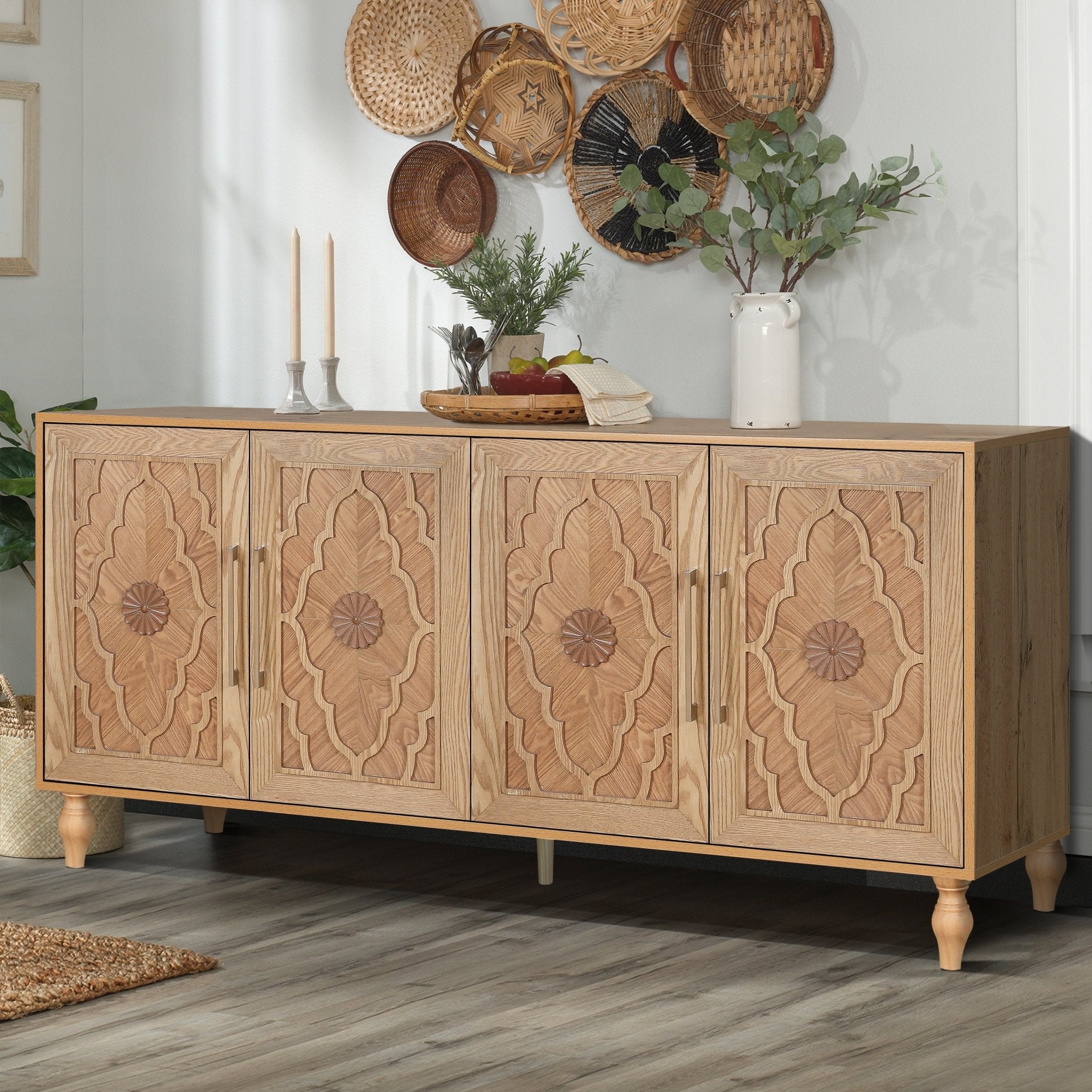 Bespokee Carved Flower Door Large Storage Cabinet With Metal Handle - Cabinets