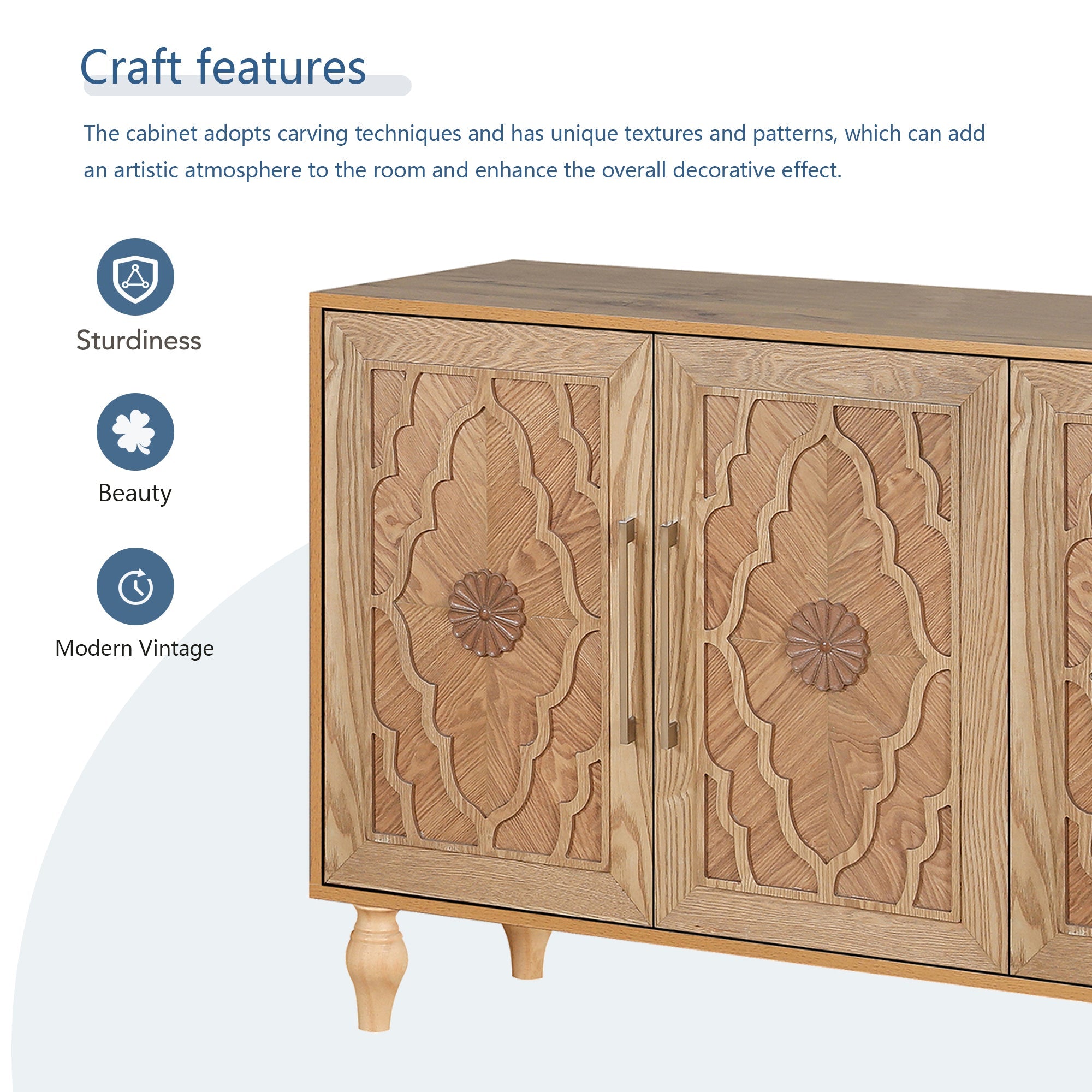 Bespokee Carved Flower Door Large Storage Cabinet With Metal Handle - Cabinets