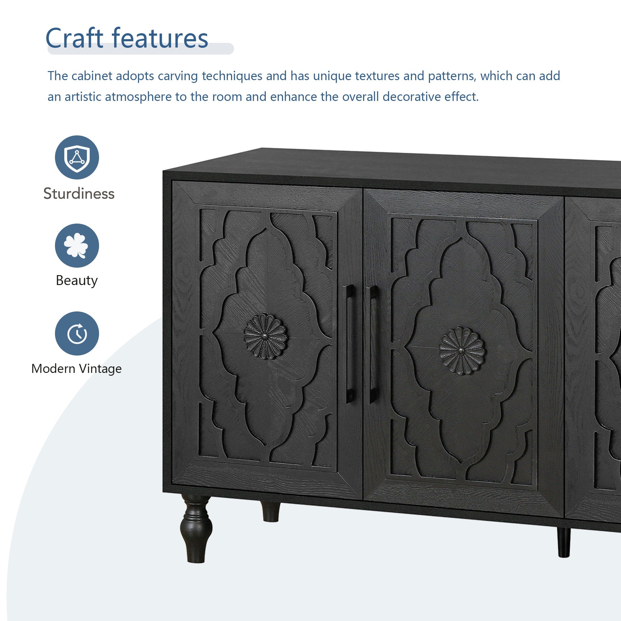 Bespokee Carved Flower Door Large Storage Cabinet With Metal Handle - Cabinets