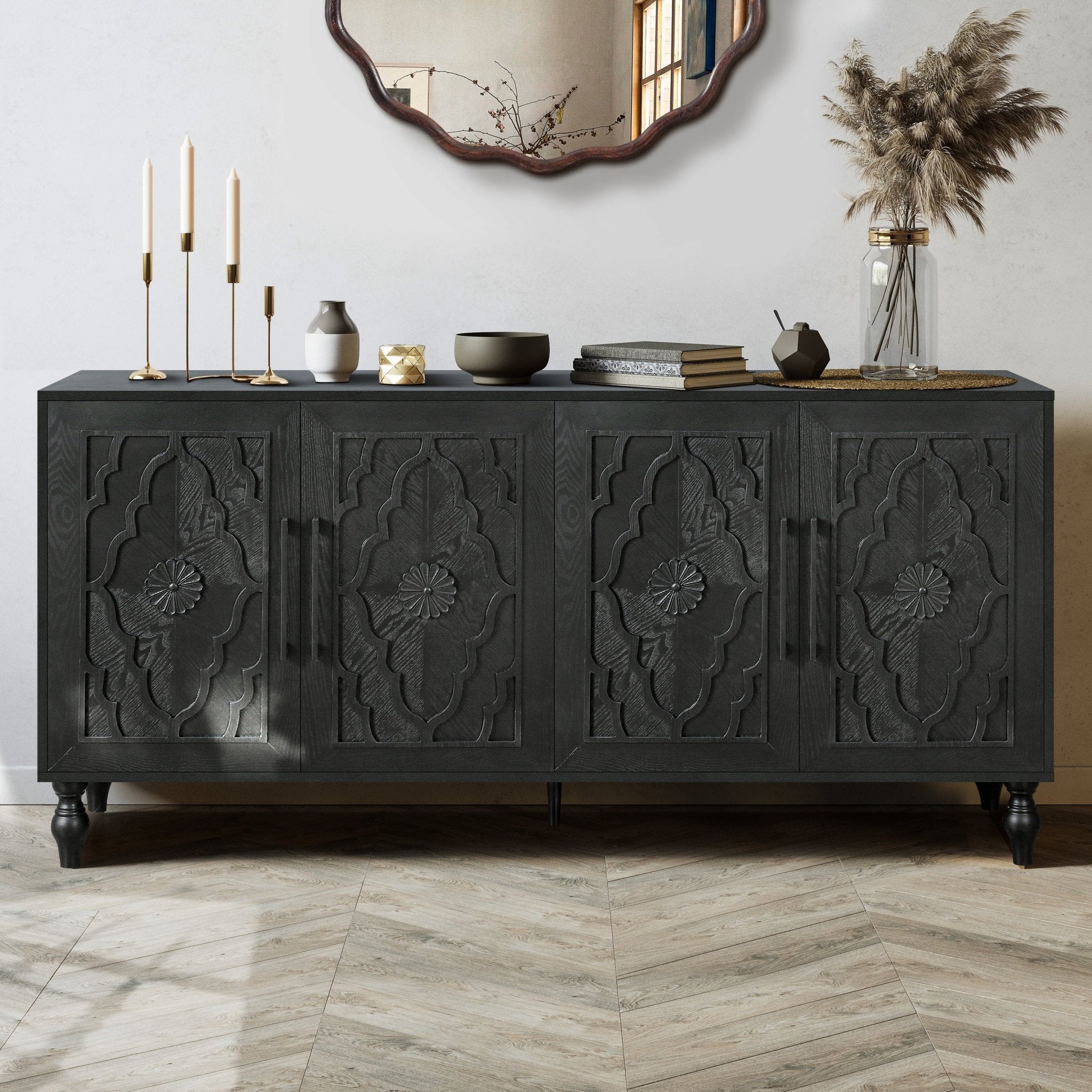 Bespokee Carved Flower Door Large Storage Cabinet With Metal Handle - Cabinets