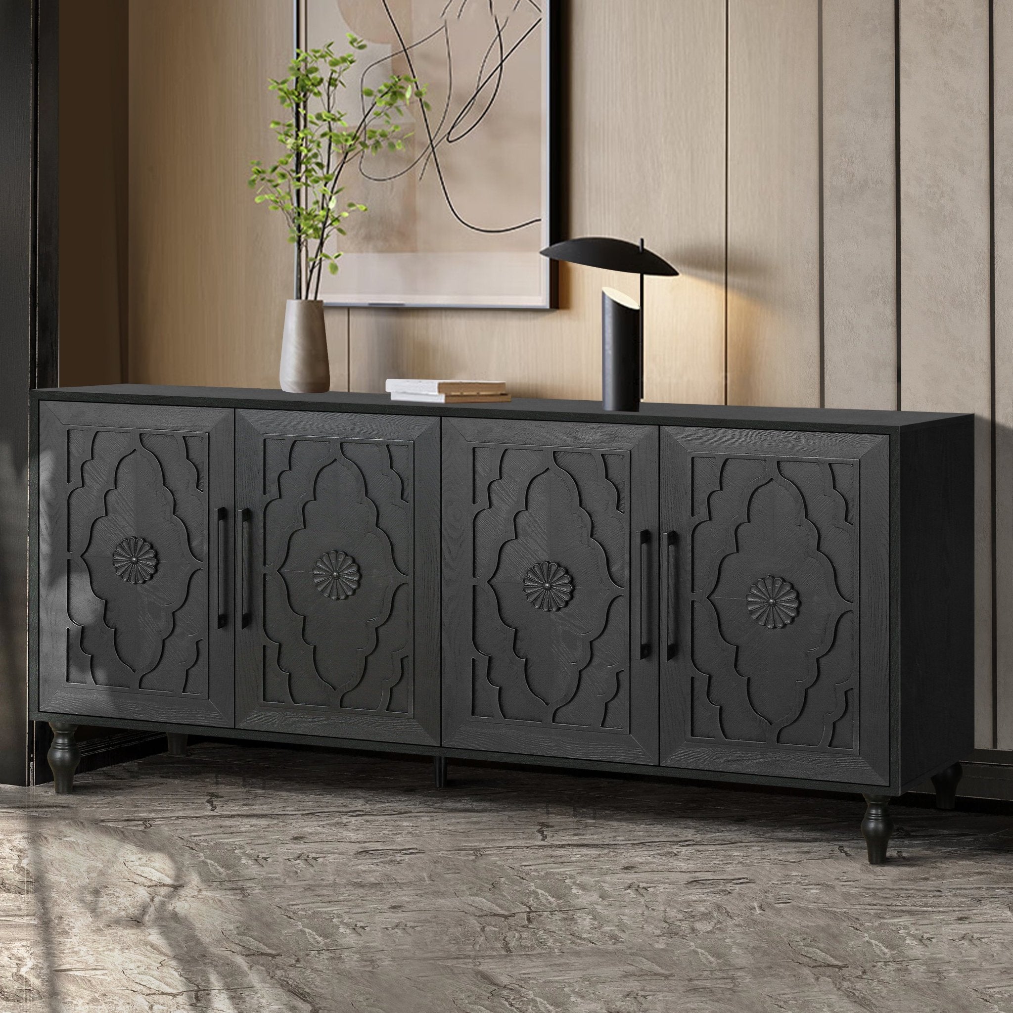 Bespokee Carved Flower Door Large Storage Cabinet With Metal Handle - Cabinets