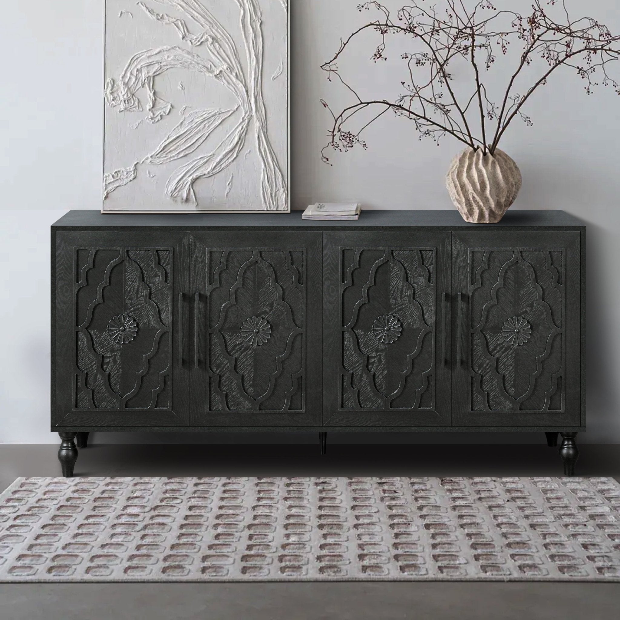 Bespokee Carved Flower Door Large Storage Cabinet With Metal Handle - Cabinets