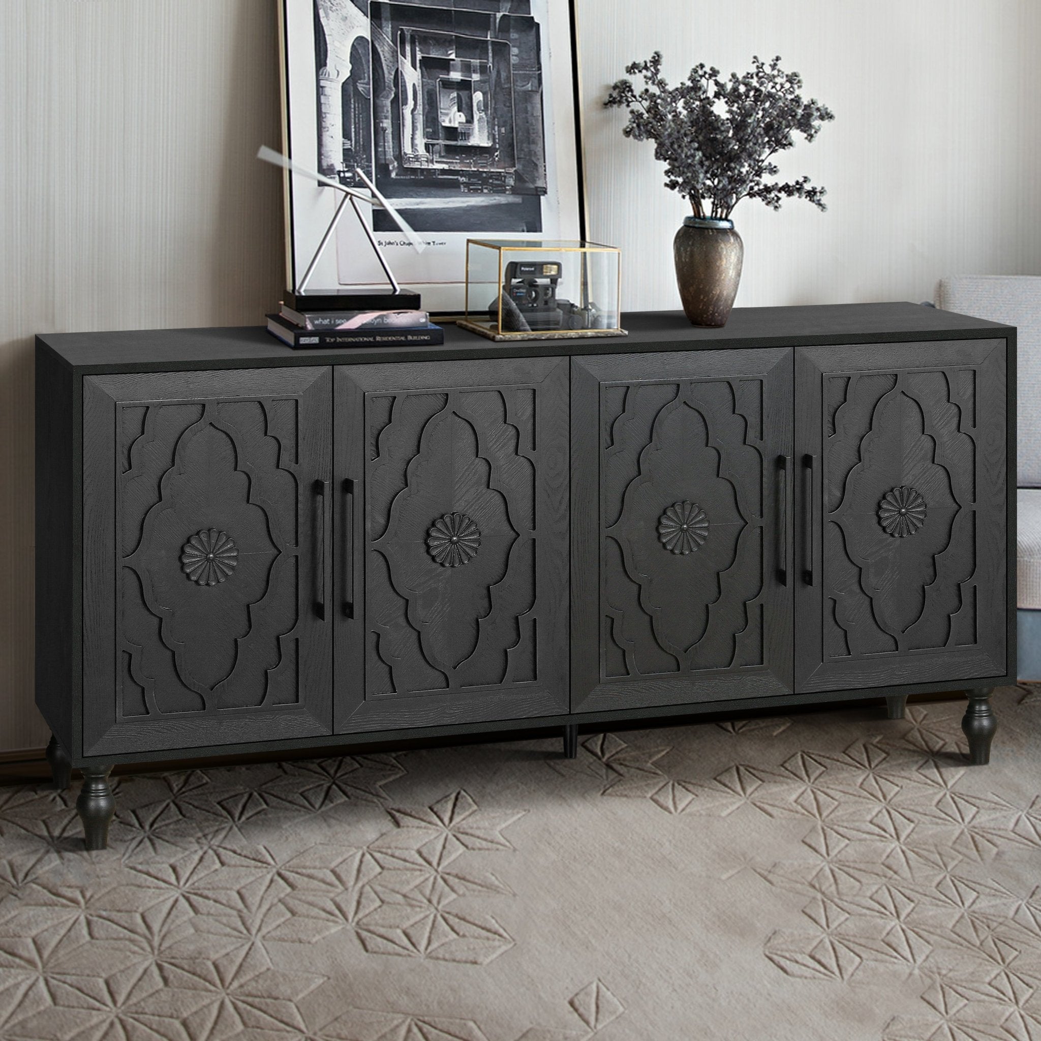 Bespokee Carved Flower Door Large Storage Cabinet With Metal Handle - Cabinets