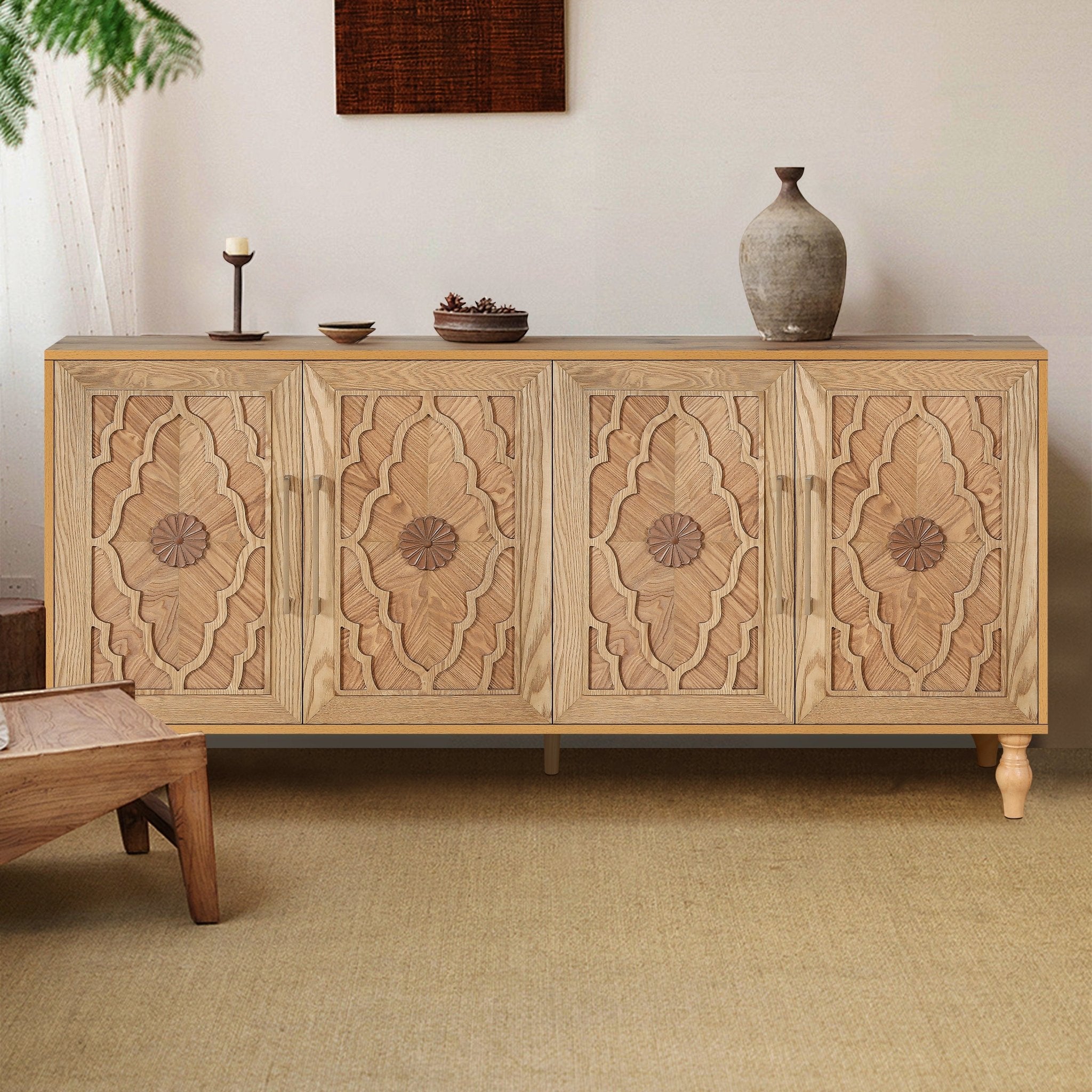 Bespokee Carved Flower Door Large Storage Cabinet With Metal Handle - Cabinets