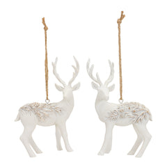 Modern White Deer Ornament with Raised Pine Design (Set of 6)
