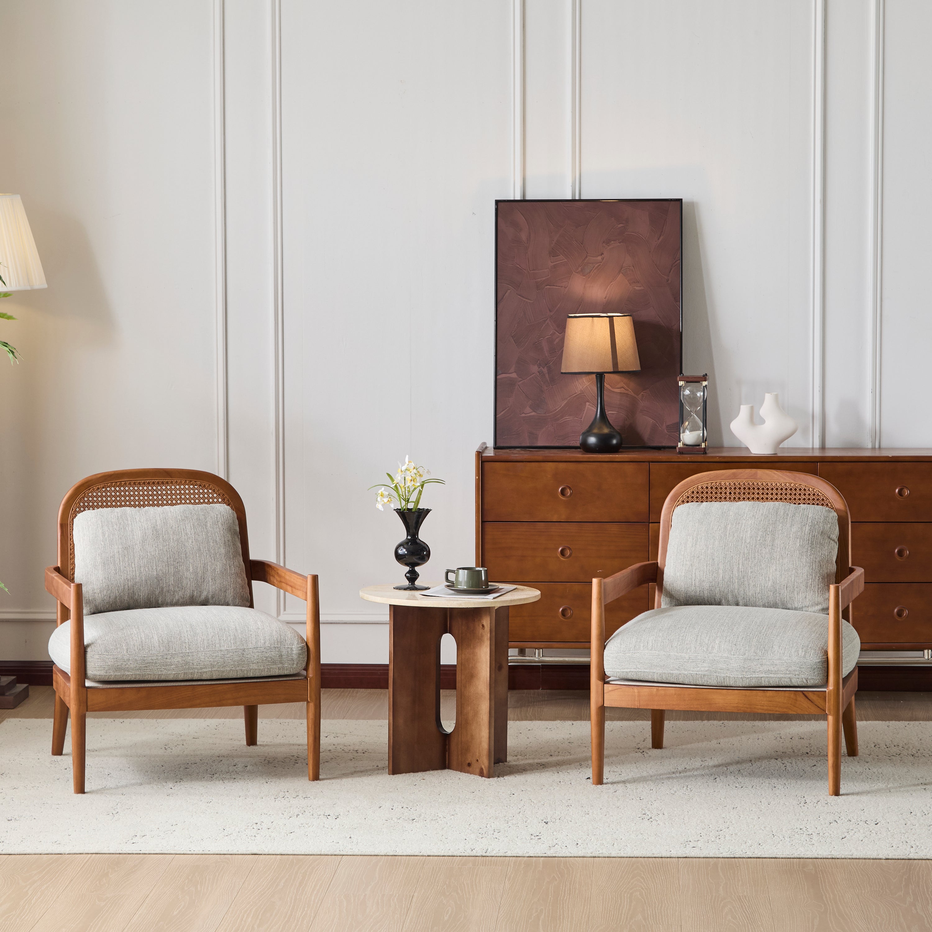 Elliston Solid Wood and Rattan Accent Chair with Cushions, Set of 2