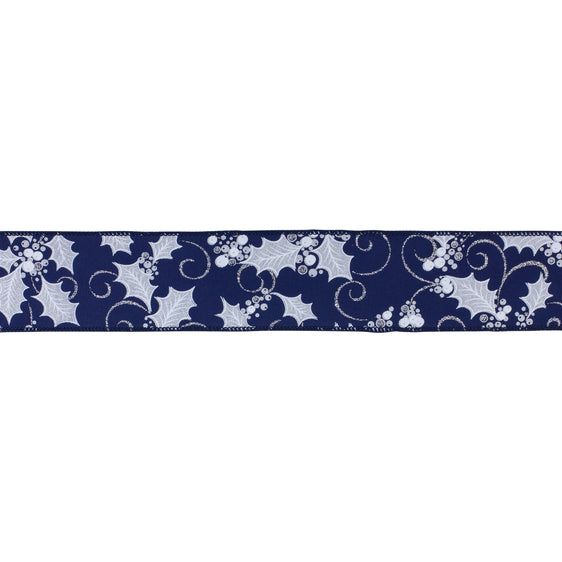 2.5" Navy Holly Pattern Polyester Ribbon, Set of 2