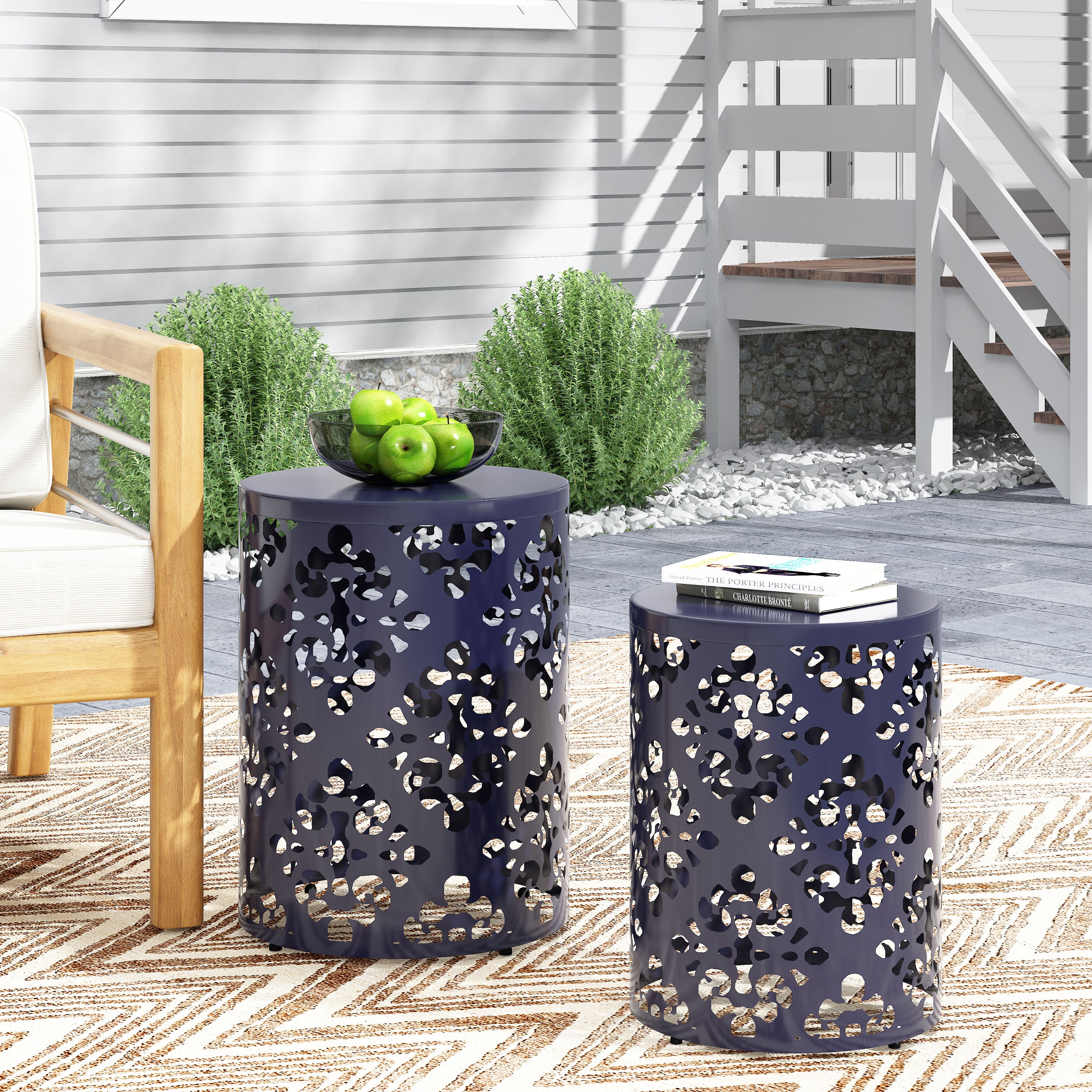 Refinery 2-Piece Outdoor End Table Set with Floral Patten and Iron Cut Design