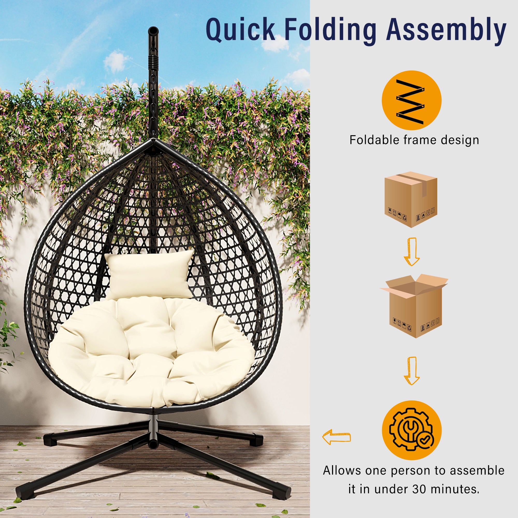 Hanging Swinging Egg Chair with Rattan Weaving, Base Included