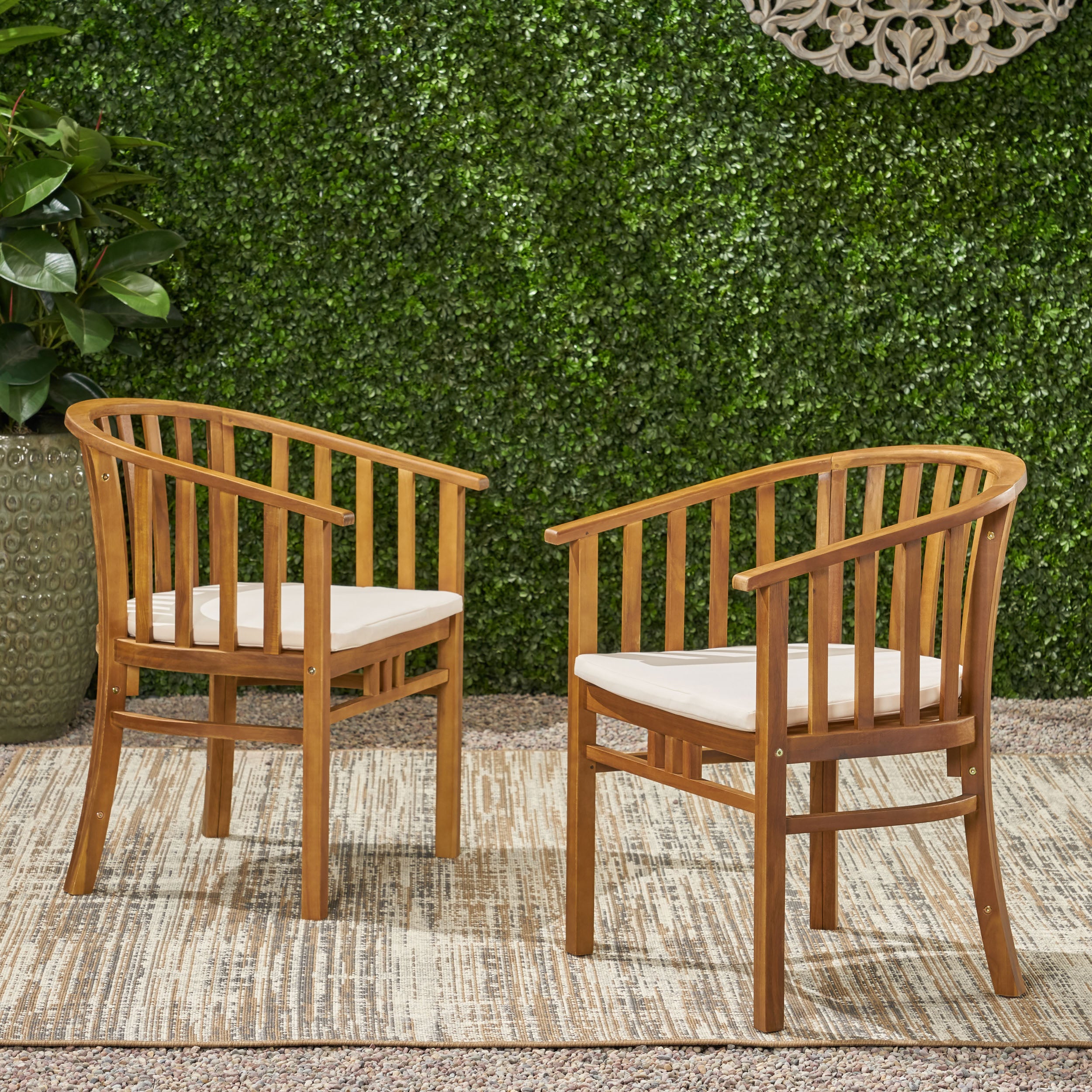 Venerable Outdoor Dining Chair with Slatted Back and Cushion Seat, Set of 2