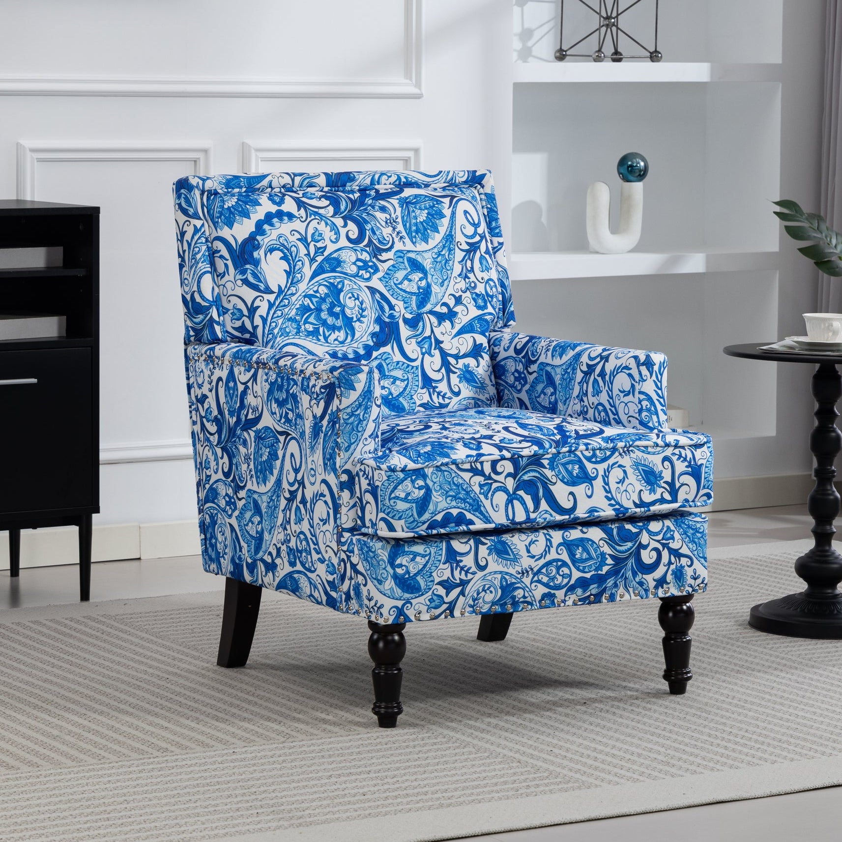 Blue & White Floral Nailhead Upholstered Accent Chair