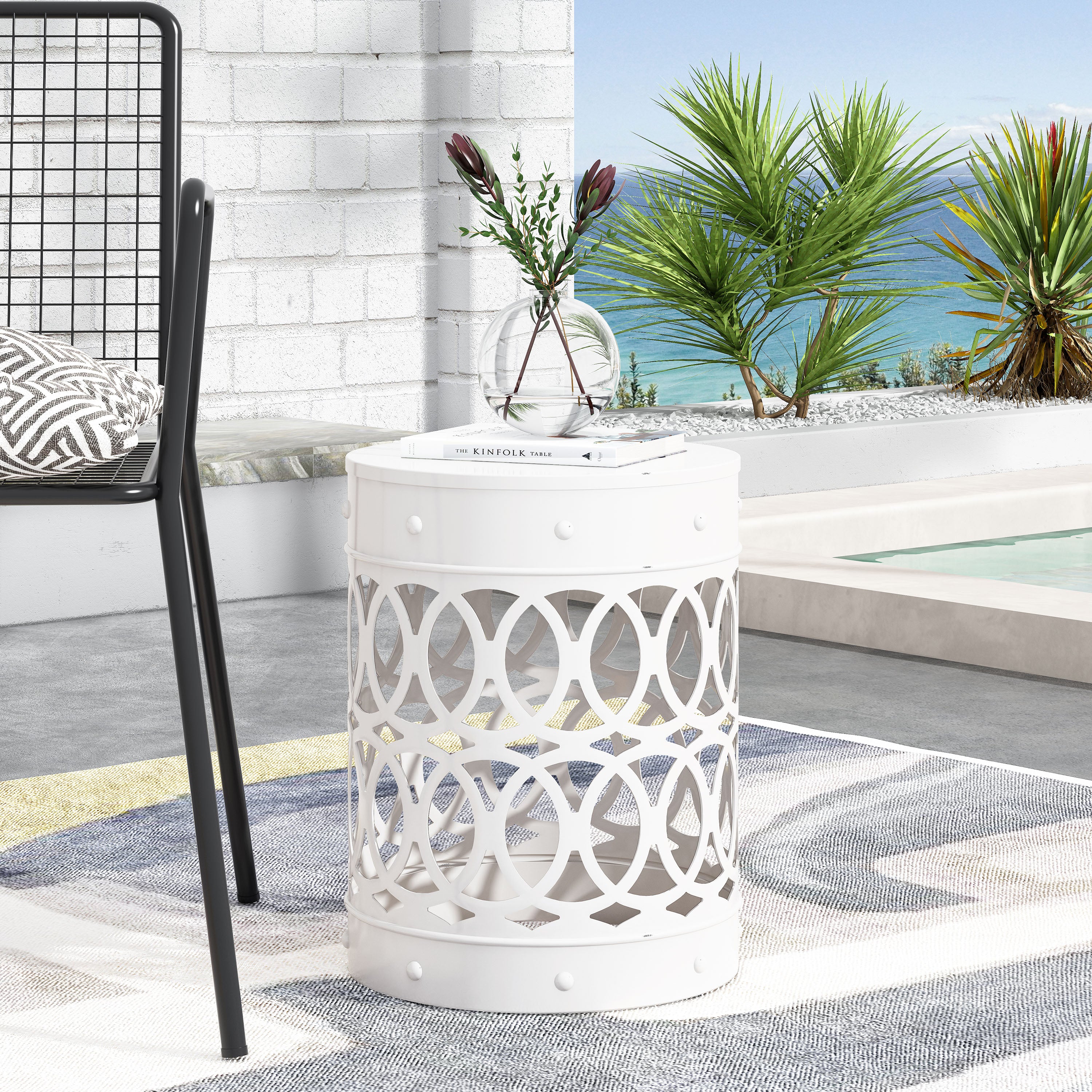 Symmetry White Outdoor Cylindrical End Table with Overlapping Circle Pattern