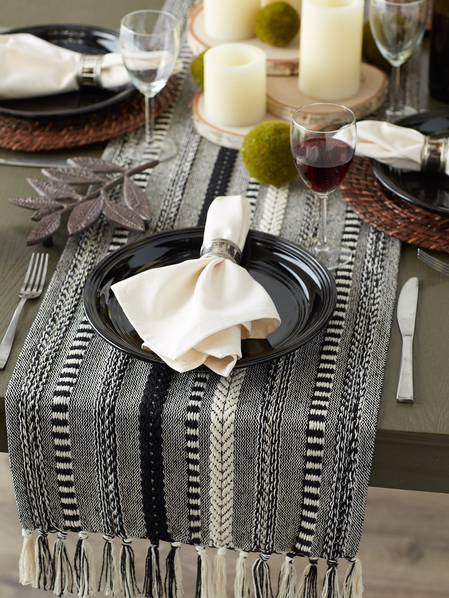 Black Braided Stripe Table Runner 15X108 - Table Runners