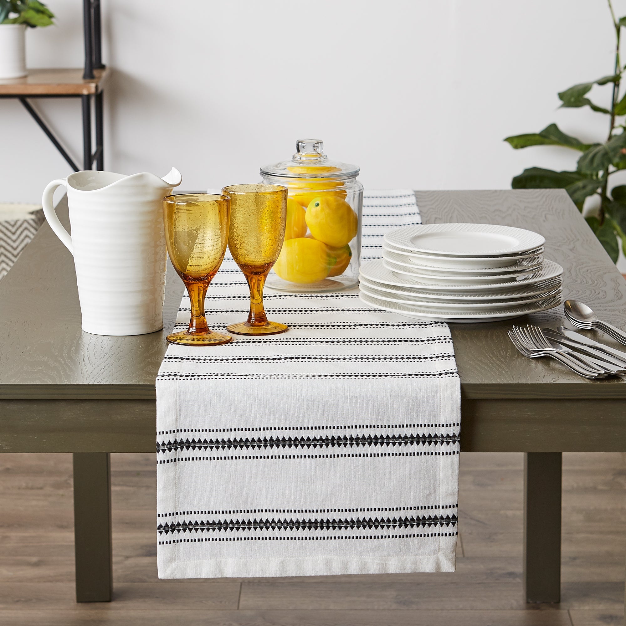 Black Zig Dobby Stripe Table Runner 14X108 - Table Runners
