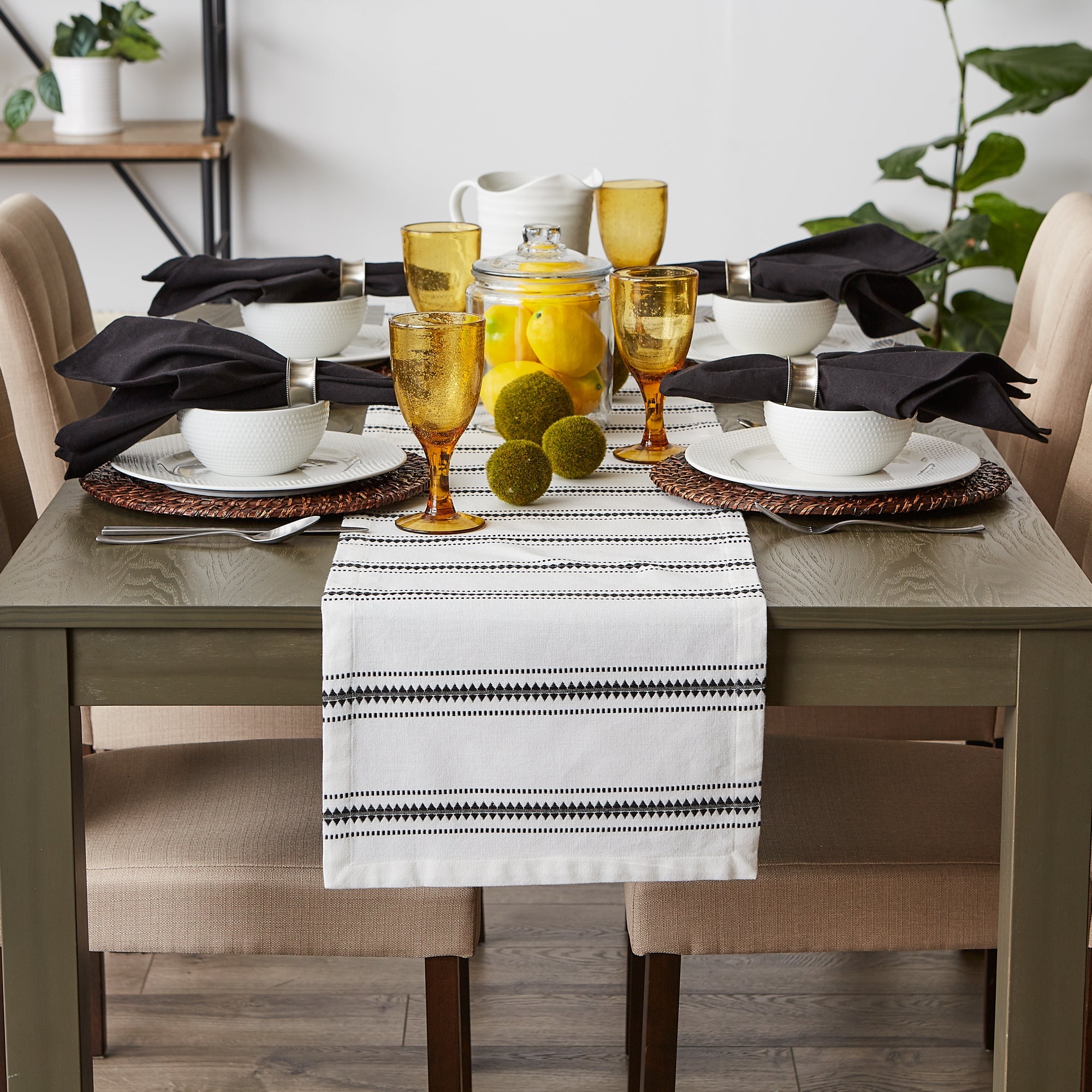Black Zig Dobby Stripe Table Runner 14X108 - Table Runners