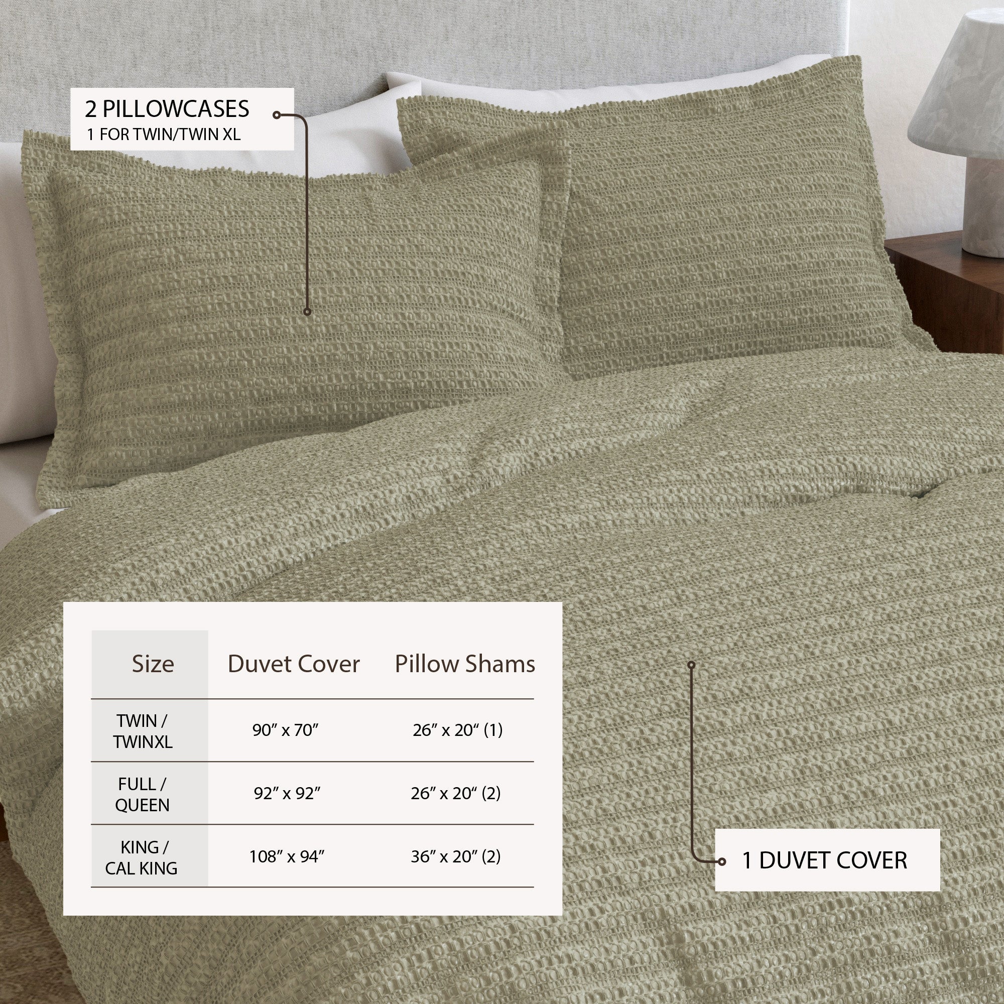 100% Cotton Honeycomb Waffle Textured Duvet Cover with Pillow Shams