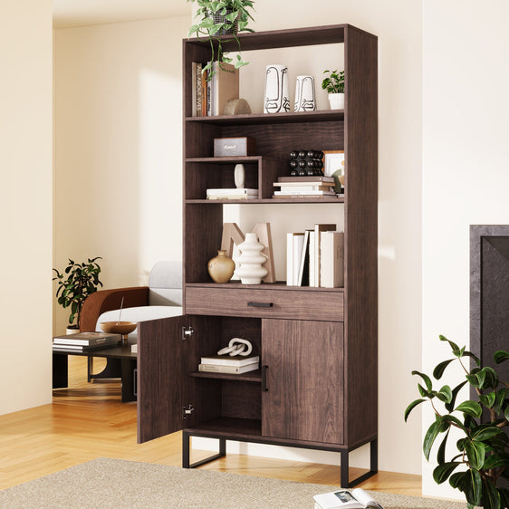 Bookshelf-with-Doors,-Storage-Drawer-and-LED-Strip-Light-Storage-and-Organization