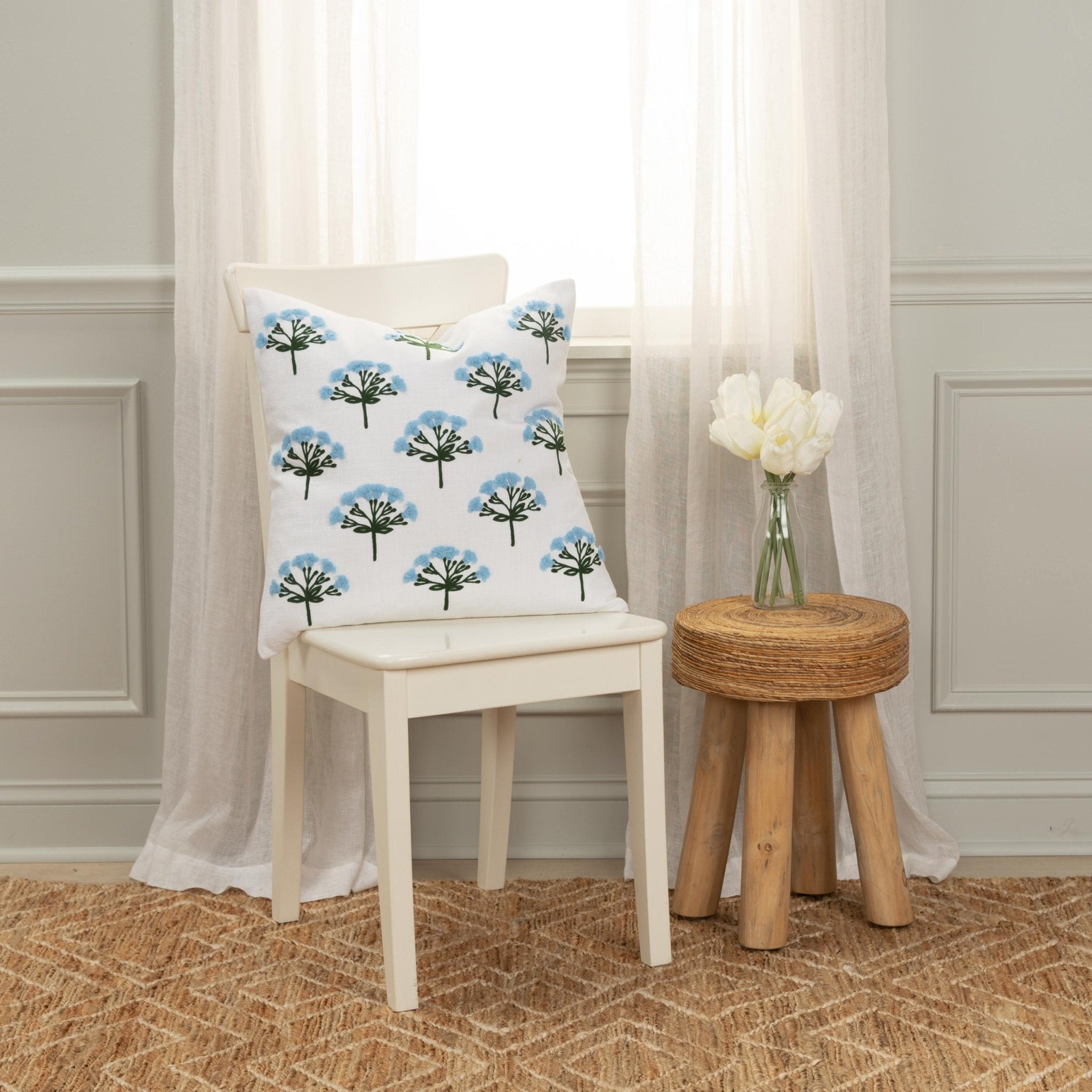 Botanical Printed With Embroidery 100% Cotton Decorative Throw Pillow - Square Pillows