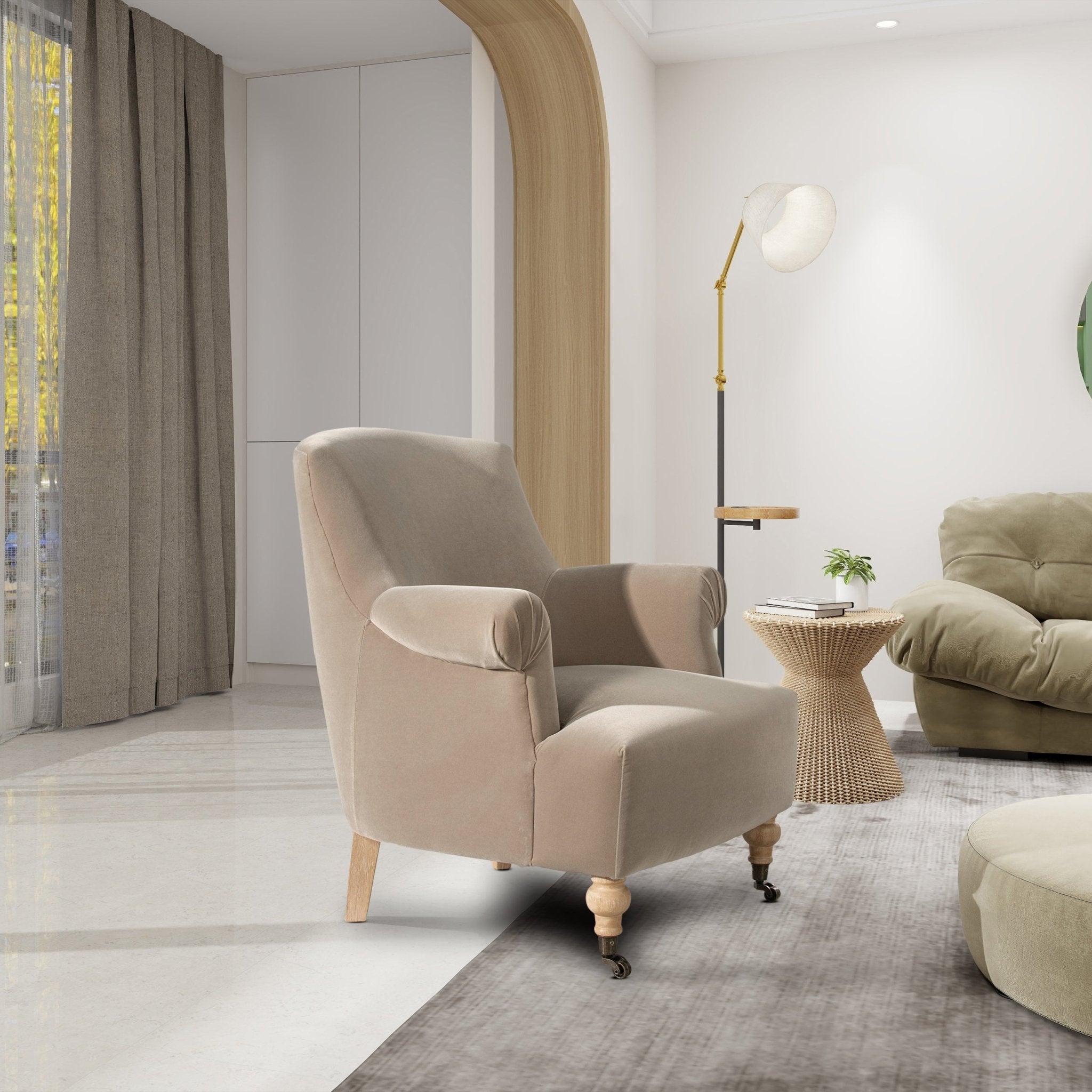 Boutique 30" Upholstered Accent Chair with Rolled Arms and Wood Turn Legs - Accent Chairs