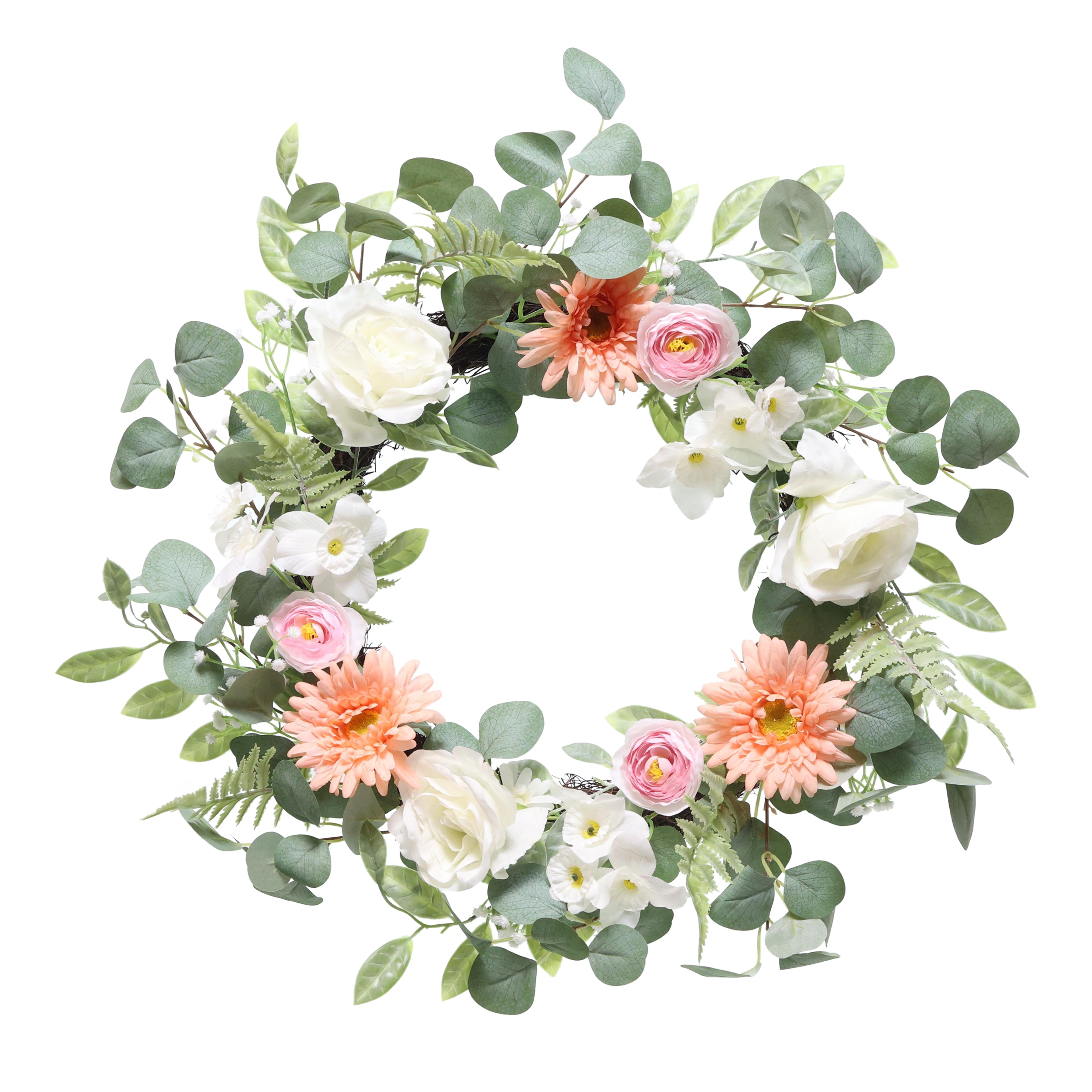 24" Artificial Chrysanthethemum Rose & Ranunculus Floral Spring Wreath
