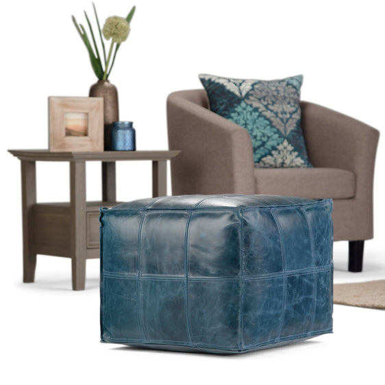 Buffalo Leather Square Pouf with Stitching Detail, Bottom and Sides Concealed Zipper - Ottomans