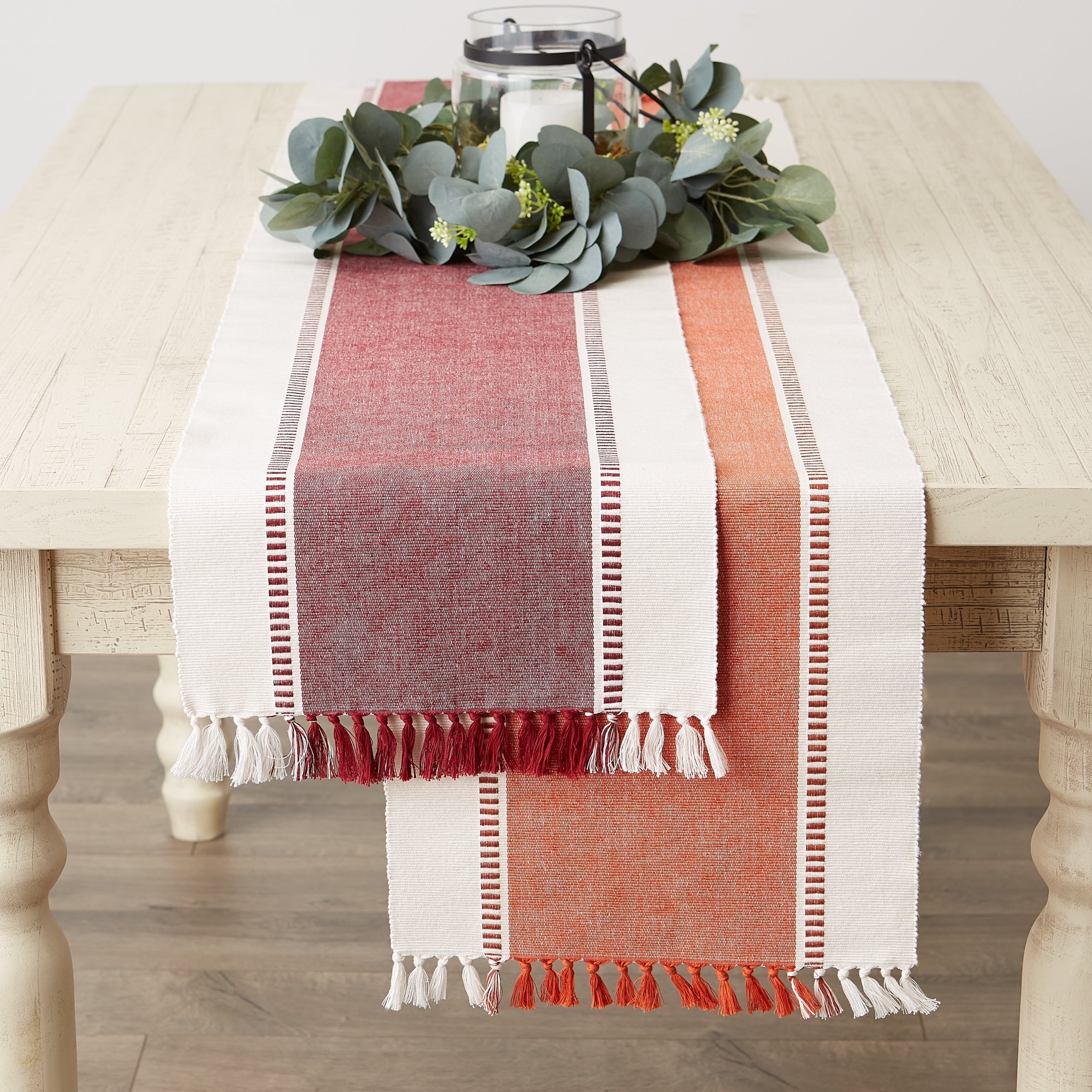 Burnt Orange Striped Fringe Ribbed Table Runner 13X72 - Table Runners