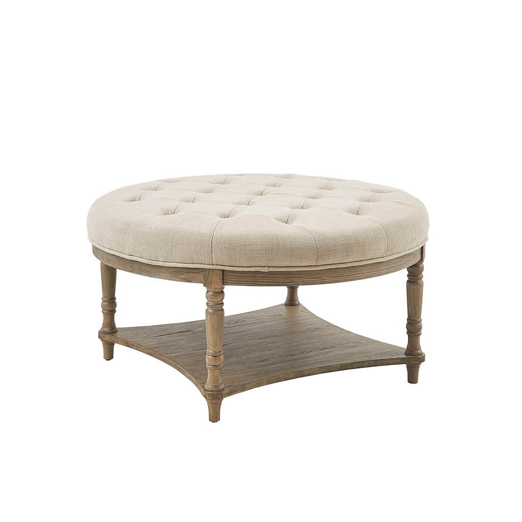 Button Tufted Round Ottoman with Turned Legs - Ottomans