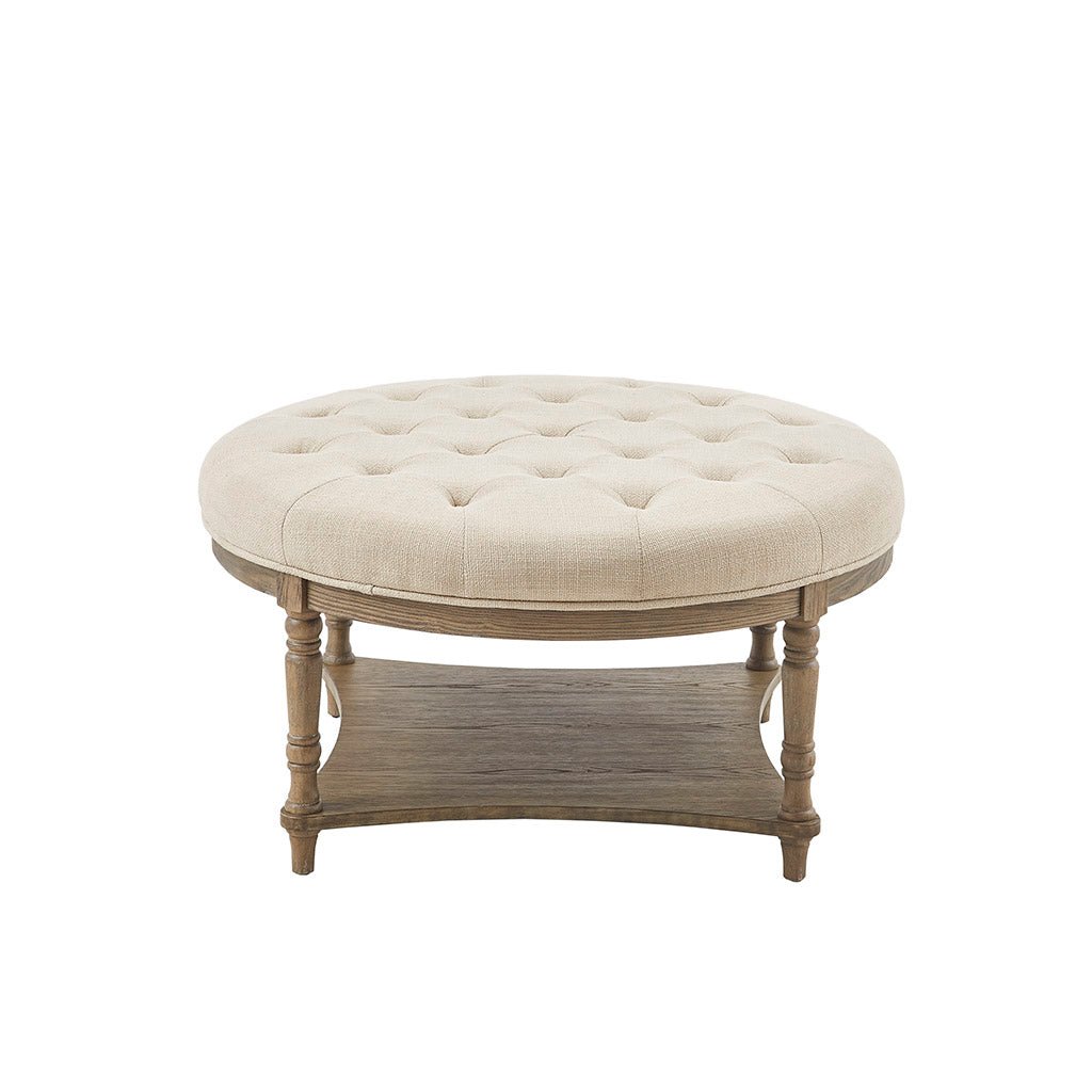 Button Tufted Round Ottoman with Turned Legs - Ottomans