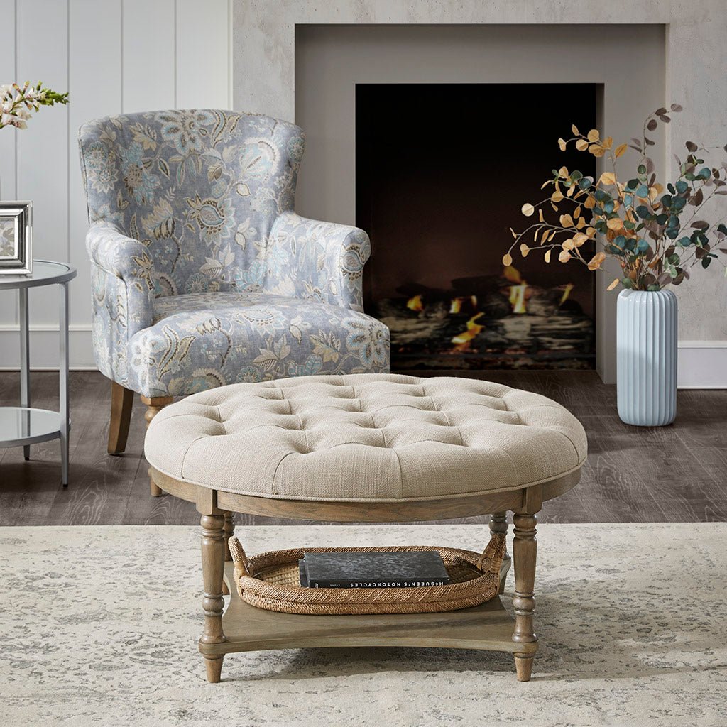 Button Tufted Round Ottoman with Turned Legs - Ottomans