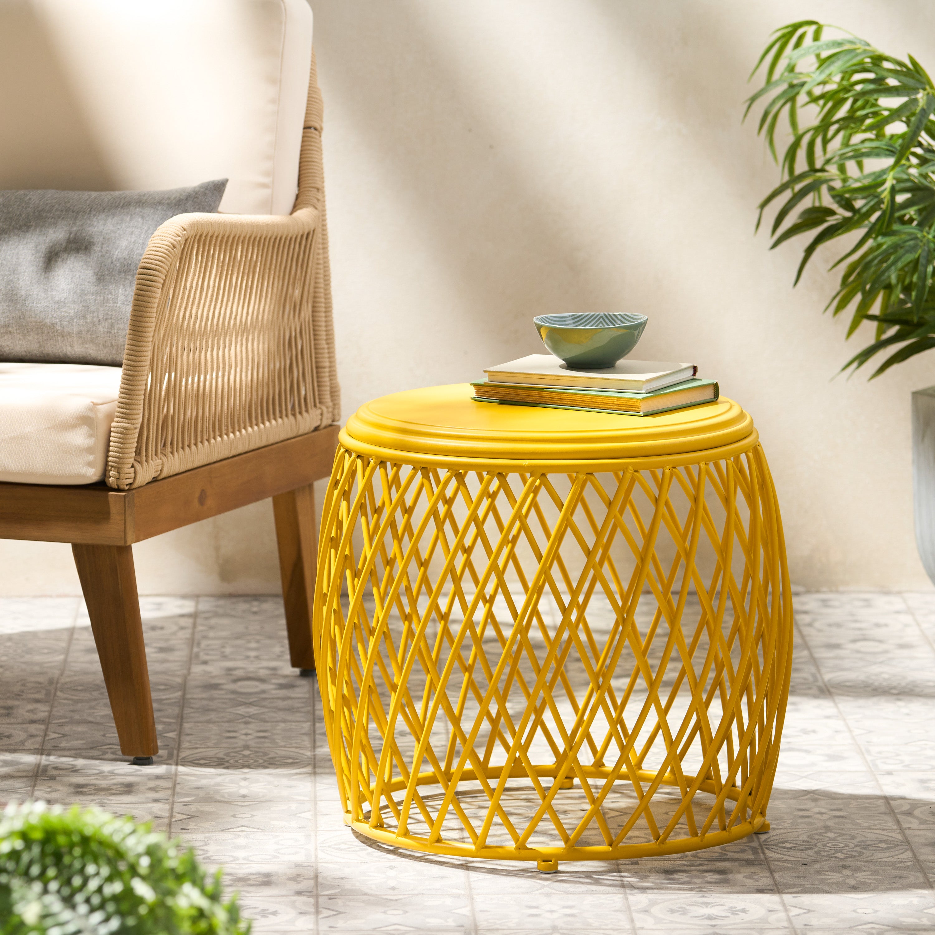 Coveted 19.75" Outdoor Cylindrical Iron Side Table with Lattice Design
