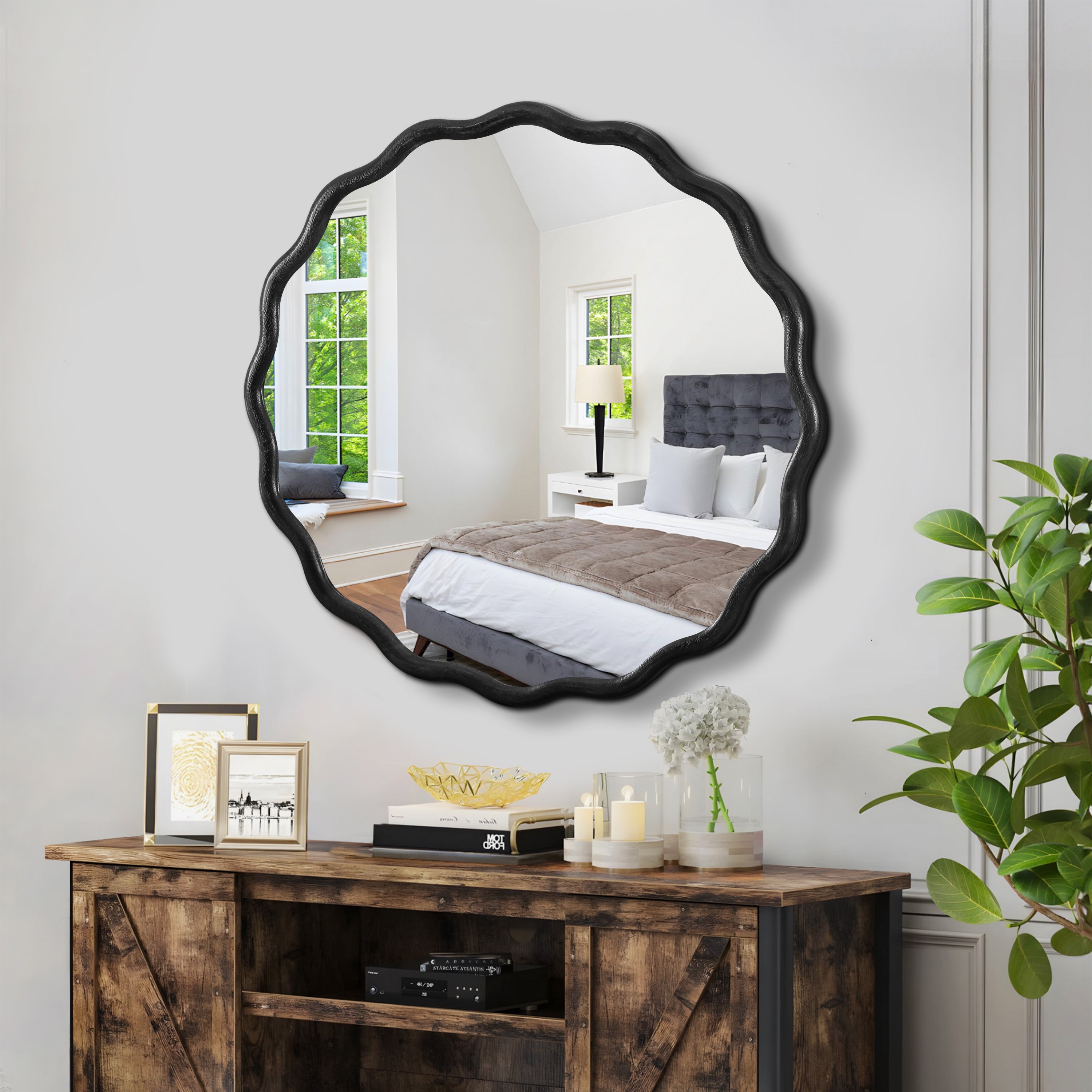 Honoredd 36" x 36" Round Wall Mirror with Exquisite Wave Wood Frame